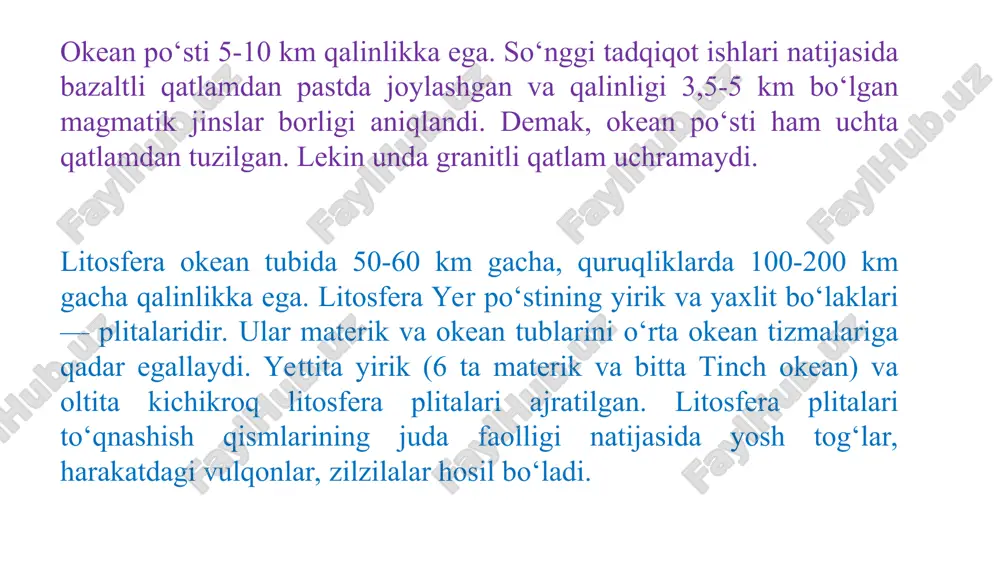 da xavfli bo'lib, ba'zan binolar qulaydi. erda 10 santimetir keladigan yoriqlar paydo bo'ladi. 10 ball – vayrongarchilikka olib keladi. juda ko'p binolar qulaydi. 11 ball- halokatli (fojiali) bo'ladi. butun binolar qulaydi. 12 ball – o'ta halokatli bo'ladi. barcha inshoot va buyumlar ag'dariladi. daryo o'zanini o'zaradi. tog'lar qulab relef shakli o'zgaradi. er yuzasini o'zgartiruvchi tashqi kuchlar suv shamol tirik mavjudotlar ishi va temperaturaning o'zgarishi er yuzasini o'zgatiruvchi tashqi kuchlardir. nurash jarayoni- o'zining xususiyatiga ko'ra fizik, ximik va organik deb atlavuchi uch turga bo'linadi. 1. fizik nurash – tempuraturaning o'zgarib turishi oqibatida fizik nurash ro'y beradi. 2. ximiyaviy nurash - asosiy faktorlari suv, kislorod va karbonat angiridit hisoblanib, ular ta'sirida tog' jinslari emirladi. 3. organik nurash – tog' jinslarni mikroorganizimlar ishi tufayli ko'proq emriladi. er yuzasini o'zgartiruvchi tashqi kuchlar shamol – geomorfologik agent sifatida tog' jinislariga ta'sir etib, emirish, uchrish va yotqizish kabi ishlarni bajaradi. er osti suvlari – er osti suvlari …