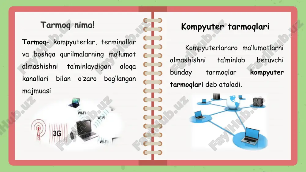 m bridge (ko‘prik) qurilmasi kabi 2 ta yoki undan ortiq bo‘lgan tarmoqlarni birlashtiradi yoki ajratadi. farqi router (marshrutizator) qurilmasi katta tarmoqlarda ishlatiladi. bundan tashqari marshrutizator qurilmasi kerakli tarmoqni yoki kerakli yo‘lni tanlash imkoniyatiga ega. bu holda kirishga kelayotgan ma‘lumotlar tanlash orqali o‘z yo‘llarini topadi. switch (kommutator) qurilmasi yordamida kichik tarmoqlarda ishlash mumkin. hub dan farqi, o‘tkazish qobiliyati yuqoriligidir. bunda bir nechta juft qurilmalar ma‘lumot almashish imkoniyatiga ega. switch (kommutator) gateway (shlyuz) qurilmasi har xil turdagi tarmoqlarni bir biriga ulash uchun ishlatiladi. birlashtirish jarayonida kelayotgan ma‘lumotlar borishi kerak bo‘lgan portga yoki adresga uzatiladi va shu qurilmadan o‘tish jarayonida protokollari o‘zgartiriladi. gateway (shlyuz) modemning bajaradigan asosiy ishi, raqamli signallar ko‘rinishidagi ma‘lumotlarni kerakli tezlik va aniqlik bilan uzatishdan iboratdir. modemlar axborot manbasidan, aloqa kanalining parametrlariga ega bo‘lgan va berilgan tuzilishga ega bo‘lgan signallarni muvofiqlashtirish uchun xizmat qiladi. modem. e’tiboringiz uchun raxmat! image10.jpeg image1.png image5.png image11.png image8.png image12.gif image2.png image3.png image4.png image7.png image13.jpeg image14.jpeg …