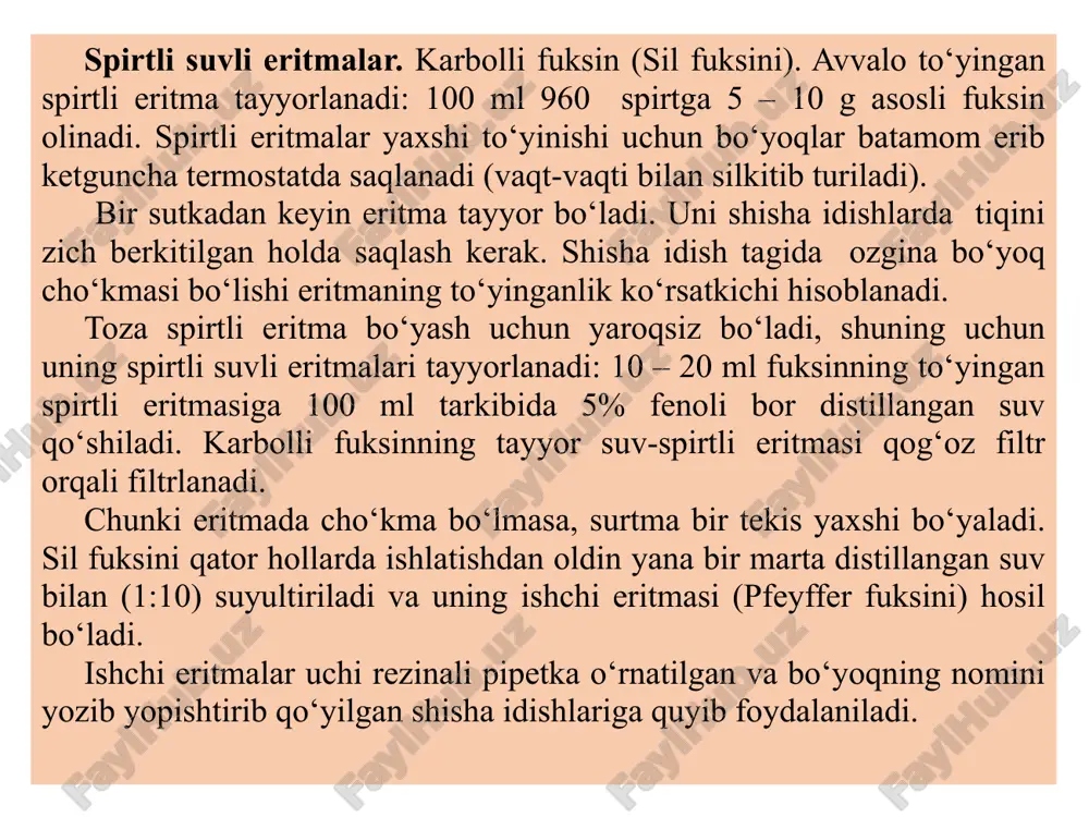 adi. ularning ustiga preparat surtmasini pastga qaratib joylashtiriladi va bo‘yoq eritmasi preparat ostiga quyiladi (romanovskiy-gimza usuli). bakteriyali preparatlarni tayyorlash. mikroblarning shaklini, ularning tuzilishi va biokimyoviy xususiyatlarini aniqlash maqsadida mikroskopik tekshirish uchun preparat buyum oynasida tayyorlanadi.bu jarayon buyum oynalarida surtma tayyorlash, quritish, fiksatsiya qilish va bo‘yashdan iborat. ishlatiladigan buyum oynalari nihoyatda toza va yog‘sizlantirilgan bo‘lishi kerak. surtma tayyorlash uchun bakteriologik ilmoq (12-rasm) yoki paster pipetkasi ishlatiladi. preparat suyuq yoki zich muhitda o‘stirilgan mikroblar kulturasi; sut, qon, yiring (surtma), jigar, taloq yoki boshqa organlar to‘qimasi (tamg‘ali, klyach – preparat) va h.k.lardan quyidagicha tayyorlanadi: suyuq muhitda o‘stirilgan mikroblar kulturasidan preparat tayyorlash uchun chap qo‘lga kulturali probirkani olib, o‘ngiga bakterial ilmoq ushlanadi (ruchkani ushlagandek). ilmoqni spirt lampasi alangasi ustida qizdirib sterillanadi, kichik o‘ng barmoq bilan alangaga yaqin tutib probirka ochiladi, ilmoqni suyuqlikka botirib, bir tomchi olinadi, probirkani yopib, shtativga qo‘yiladi. chap qo‘lga buyum oynasini olib unga tomiziladi, yengil aylana harakatlar bilan oynachaga surtiladi, so‘ng …