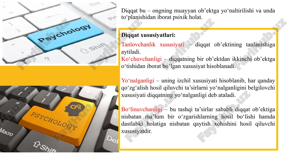 sh sezgisi – inson tomonidan rang va yorug‘likni sezish ko‘rish sezgilari tarkibiga kiradi. eshitish sezgisi – eshitish sezgilari tovushlarni eshitishdan iborat bo‘lib, musiqaviy va shovqinli tovushlarni aks ettiradi. hid bilish sezgisi – hidlarni his qilish kiradi va ularning organi burun kovagining yuqori tomoni hisoblanib, bu yerda hid bilish hujayralari hamda sezuvchi nerv tarmoqlari joylashgan, ular shilliq pardalarda botib turadi. ta’m bilish sezgilari shirin, achchiq, nordon, sho‘r singari mazalarni his qilish bilan tavsiflanadi. teri sezgilari tarkibi tuyish va harorat turlaridan iborat bo‘lib, ularning bunday nomlanishining bosh omili – bu retseptorlarning teri va organizmning tashqi shilliq pardalarida joylashganligidir. tuyish sezgilarining tashqi, ya’ni fizik sababi – bu biron-bir narsaning teriga bevosita tegishidir. harorat sezgilari issiq yoki sovuqni sezish bilan tavsiflanadi. muskul-harakat sezgilari kinestetik sezgilar deb nomlanib, ularga og‘irlikni, qarshilikni, organlar harakatini bilish sezgilari kiradi. ularning organlari – gavda muskullari, paylar, bo‘g‘imlardan iborat. statik sezgilari gavdaning fazodagi holatini sezish va muvozanat saqlash sezgilar deb …