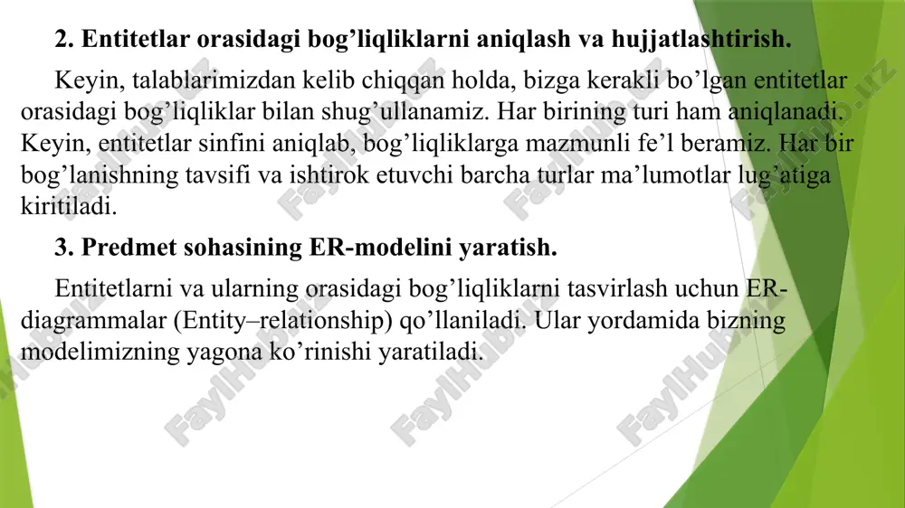 joriy mantiqiy ma’lumotlar modeli noto’g’ri va biz uni tuzatishimiz kerak bo’lgan xatolarni o’z ichiga oladi. 5. ma’lumotlar yaxlitligini qo’llab-quvvatlash talablari va ularni hujjatlashtirish. talablar ziddiyatli ma’lumotlarni ma’lumotlar bazasiga kiritishni oldini olish maqsadida joriy qilingan cheklovlar shaklida namoyon bo’ladi, ya’ni ma’lumotlar bazamizni nekonsistent qilishdan saqlaydi. biz quyidagi turdagi cheklovlarni ko’rib chiqishimiz kerak: — majburiy ma’lumotlar. null-qiymatlarga ega bo’lishi mumkin bo’lmagan atributlar mavjudmi; — atribut qiymatlari uchun cheklovlar. atributlar uchun ruxsat berilgan qiymatlar; — entitetlar yaxlitligi. u birlamchi kalit entitetida null-qiymatlarga ega bo’lmasligi kerakligini ta’minlaydi; — havolali yaxlitlik. tashqi kalit qiymati ustunlardan birining birlamchi kalitidagi qiymat bilan o’xshash bo’lishi kerak; — biznes qoidalari tomonidan o’rnatilgan cheklovlar. har bir rol ma’lum operatsiyalarni bajarishi mumkin va biz bu cheklashlarni amalga oshirishimiz mumkin. 1.3. jismoniy loyihalash loyihalashning oxirgi bosqichi jismoniy - ya’ni, kompyuterning tashqi xotirasida joylashtiriladigan ma’lumotlar bazasining aniq amalga oshirilishini tavsiflash. bu ma’lumotlarni saqlash strukturasini va ma’lumotlar bazasiga samarali kirishni ta’minlaydigan metodlarni tasvirlaydi. mantiqiy …