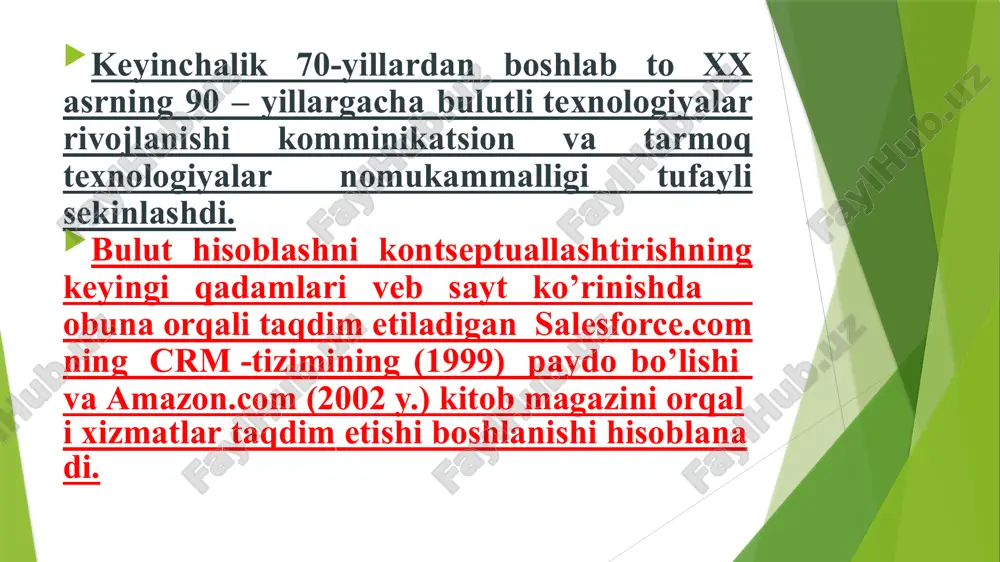 sh modellari gibrid bulut - bu noyob ob'ektlar bo'lib qoladigan, lekin ma'lumotlar va ilovalarni uzatish uchun standartlashtirilgan yoki xususiy texnologiyalar bilan o'zaro bog'liq bo'lgan ikki yoki undan ortiq turli xil bulutli infratuzilmalarning (xususiy, jamoat) birikmasidir (masalan, balanslash uchun umumiy bulut resurslaridan qisqa muddatli foydalanish) bulutlar orasidagi yuklar). ommaviy (ijtimoiy) bulut - bu umumiy vazifalari bo'lgan tashkilotlardan ma'lum iste'molchilar jamoasi tomonidan foydalanish uchun mo'ljallangan infratuzilmaning bir turi. ommaviy bulut bir yoki bir nechta jamoat tashkilotlari yoki uchinchi tomon tomonidan (yoki ularning har qanday kombinatsiyasi) birgalikda egalik qilishi, boshqarilishi va boshqarilishi mumkin va u jismonan egasining yurisdiksiyasi doirasida ham, tashqarisida ham mavjud bo'lishi mumkin. cloud texnologiyasi amalga oshiradigan ishlar bulutli hisoblash xizmati asosan 3 xil modelda xizmat koʻrsatiladi: dasturiy vosita xizmati (iglizcha software as a service), platforma xizmati (iglizcha platform as a service) va infrastruktura xizmati (iglizcha infrastructure as a service). bunda infrastruktura xizmati eng quyi xizmat turi boʻlib, qolgan yuqori xizmat …