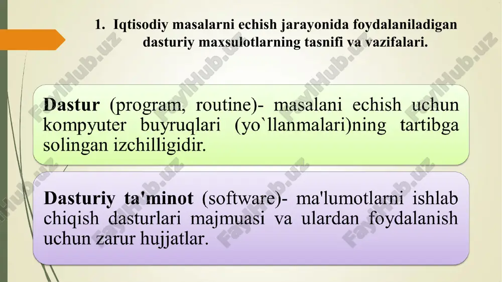 in. shu bilan birga foydalanuvchi tizim haqida qancha bilgisi kelsa, shuncha bilish imkoniyatiga ega bo‘lishi kerak. avval qayd etganimizdek, os ning asosiy vazifasi resurslar taqsimoti. dos oilasiga mansub operatsion tizimlar bu oilaning birinchi vakili — ms dos tizimidir (microsoft disk operating system — microsoft firmasining diskli operatsion tizimi). bu operatsion tizim 1981- yilda ibm pc paydo bo’lishi munosabati bilan chiqarilgan. dos oilasining operatsion tizimlari bir vazifali bo‘lib, quyidagi o‘ziga xos xususiyatlarga ega: ehm li interfeys foydalanuvchi kiritadigan buyruq yordamida amalga oshiriladi; tizimni ehmning boshqa turlariga o‘tishni soddalashtiradigan tuzilma mavjudligi; operativ xotiraga kirish hajmining uncha katta emasligi (640 kbayt). dos operatsion tizimi oilalarining jiddiy kamchiligi shaxsiy kompyuterlar va operatsion tizim zaxiralariga ruxsatsiz kirishdan muhofaza vositalarining yo‘qligidir. 2.microsoft windows, apple macintosh, unix va linux operatsion tizimlarining umumiy ta'rifi. windows oilasiga mansub operatsion tizimlar windows oilasidagi operatsion tizimlar microsoft firmasi tomonidan tayyorlangan. ular qulay grafik interfeysni o‘zida namoyon etuvchi ko‘p vazifali operatsion tizimdir. …