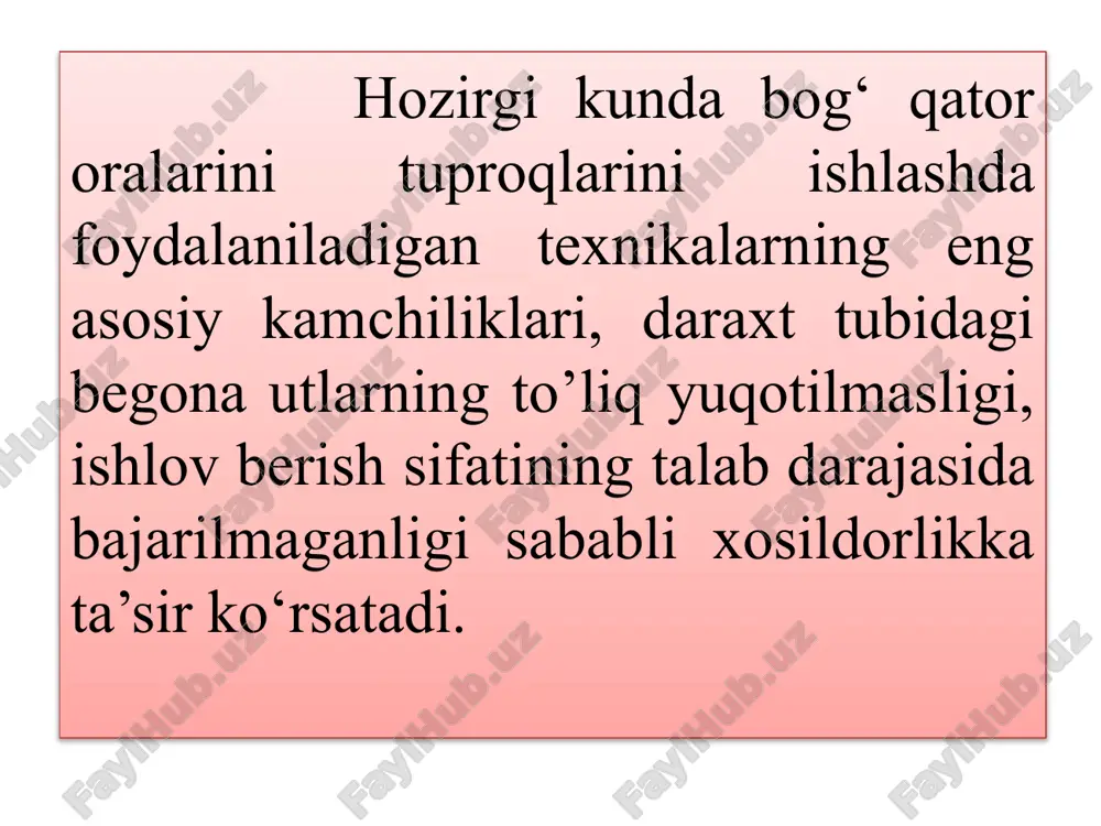 n bog‘lardagi tuproqni 14-20 sm chuqurlikkacha yumshatish, begona o‘tlarni yo‘qotish uchun, bevosita daraxt tanasi atrofidagi tuproqqa 8-10 sm chuqurlikkacha ishlov berish va 10-15 sm chuqurlikdagi sug‘orish jo‘yaklarini olish uchun kultivatorlardan foydalaniladi. bunday kultivatorlarning tishlari ramaga yerga yoppasiga ishlov beradigan tartibda o‘rnatiladi. bog‘bop kultivatorning umumiy ko‘rinishi: 1 - turtkich; 2 - buruluvchan tish; 3 - richag; 4 -gidrotaqsimlagich; 5 - gidrosilindr; 6 - tortqi; 7- taranglatkich; 8 - paijinasimon tirma; 9 - osgich; 10 - ramaning o‘rta seksiyasi; 11- vintli mexanizm; 12 -chap seksiya; 13 - g‘ildirak; 14 - o‘q- yoysimon tish; 15 - shlang; 16 - ramaning o‘ng seksiyasi. bog‘bop kultivatorlar bevosita daraxt tanasi atrofidagi tuproqni, uning ildizlariga zarar keltirmasdan yumshatish uchun maxsus buruluvchan seksiya bilan jihozlangan bo‘ladi. bog‘bop kultivatorlar asosan tirkalma turda ishlab chiqariladi. shu sababli, shoxlari past joylashgan bir qatordagi daraxtlar oralig‘idagi tuproqqa ishlov berishda kultivatorni traktorning o‘rtasiga nisbatan yon tomonga 3,2 m masofaga yana surib qo‘yib ishlatish …