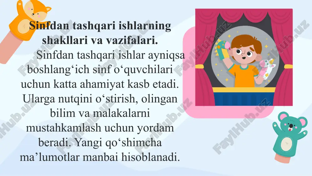rdor bo’lish; o’quvchilarning yomon illatlarga berilishlarining oldini olish; ular faoliyatini nazorat qilish; iqtidorli o’quvchilarni aniqlash; maktab miqyosida o’tkaziladigan tadbirlarda o’quvchilar ishtirokini ta’minlash; o’quvchilar o’rtasida ijodiy raqobatni shakllantirish; o’quvchilar uchun tarbiya o’chog’i. kuni uzaytirilgan guruhlarning vazifalari: dars jarayonida mavzuni o‘zlashtirishga qiynalayotgan o‘quvchilar bilan ishlash; uyga berilgan vazifalarni mustaqil bajara olmaydigan o‘quvchilar bilan ishlash; darsda o‘tilgan mavzu asosida savol-javob yoki boshqa metodlar orqali o‘quvchi bilimini mustahkamlash. sinfdan tashqari ishlarning turlari: 1. adabiy kechalar o‘tkazish 2. ekskursiya 3. turli bayramlar va tadbirlar o‘tkazish 4. shoir va yozuvchilar bilan uchrashuvlar tashkil etish 5. fan olimpiadalari 6. ko‘rik tanlovlar 7. adabiy kechalar matematik 10 minutliklarida topshiriqlarga qiziqish uyg‘otish va quvvatlash uchun bu topshiriqlar darslarda beriladigan oddiy matematik topshiriqlarga o‘xshash bo‘lmasligi kerak. mashg‘ulot o‘tkazish uchun har xil qiziqarli arifmetik va geometrik mazmunli masalalar, qiyinroq masalalar, hazil masalalar, masalalar tuzishga doir masalalar, qiziqarli kvadratlar, rebuslar, topishmoqlar va boshqalar material bo‘lib xizmat qiladi. eskursiya ma’lum bir maqsadga yo‘naltirilgan …