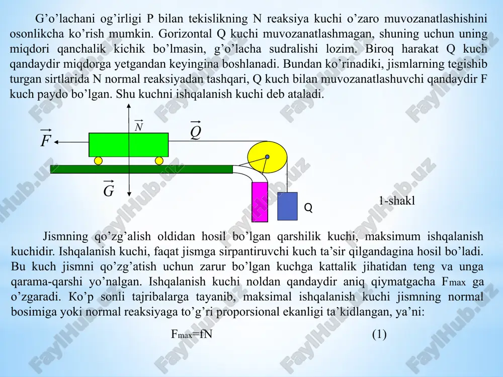quyidagi xulosaga kelgan. yumalab ishqalanish juft momenti g’ildirak radiusiga bog’liq bo’lmagan normal reaksiya n ga to’g’ri proporsional bo’ladi ya’ni (2) fyu-yumalab ishqalanish koeffitsienti deyiladi. yumalab ishqalanish koeffitsienti fyu uzunlik birligi bilan o’lchanadi. u bir-biriga tegib turgan materiallarning fizik xossalariga va ishqanishlariga bog’liq tajriba yordamida aniqlanadi. tajriba shuni tasdiqlaganki, yumalashdagi qarshilik sirpanishdagi qarshilikdan birmuncha oz bo’ladi. 5-shakl 6-shakl shuning uchun texnikada, ishqalanish zararli bo’lgan hollarda, sirpanishni yumalashga almashtirishga jazm qilinadi. masalan sirpanuvchi podshipniklar o’rniga sharikli podshipniklar ishlatiladi. 2-masala gorizont bilan α burchak tashkil qiluvchi qiya tekislikda radiusi r ga teng bo’lgan g’ildirak (silindr) turadi. α burchagining qanday qiymatida g’ildirak muvozanatda bo’ladi? yumalab ishqalanish koeffitsienti fyu ga teng (7-shakl). yechish: g’ildirakka quyidagi kuchlar ta’sir qiladi: og’irlik kuchi p, tekislikning normal reaksiyasi n, sirpanib ishqalanish kuchi f va momenti myu yumalashdagi qarshilik jufti. x agar sirpanish va yumalash sodir bo’lmasa quyidagi shart bajarilishi lozim: (1) (2) (3) 7-shakl myu myu (4) (5) bu …