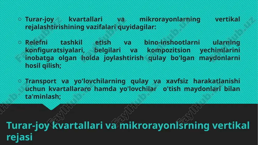 umumiy shahar ko’chalar - to’xtovsiz harakat 0,05 0,004 0,025 0,015 45 - regulyar harakat 0,05 0,004 0,025 0,015 45 - tuman miqyosidagi 0,06 0,004 0,025 0,015 35 - yuk harakatlanuvchi yo’llar 0,04 0,004 0,025 0,015 3. joy miqyosida ko’cha va yo’llar: turar joy ko’chalar 0,08 0,004 0,025 0,015 25 - ishlab chiqarish tumanlaridagi yo’llar 0,06 0,004 0,025 0,015 15 - yo’lovchilarga mo’ljallangan ko’cha va yo’llar 0,04 0,005 0,025 0,015 - qishloq ko’chalari 0,07 0,005 0,025 0,015 15 - qishloq yo’llari 0,07 0,005 0,025 0,015 15 - o’tish joylari 0,08 0,005 0,025 0,015 ko'cha va yo'llarning o'tish joyi o'qi bo'ylab tavsiya etiladigan ko'ndalang va bo'ylama qiyaliklar park, bog', ko'kalamzor hududlar kabi daryo bo'ylaridagi, jarliklardagi yashil maydonlar shaharning loyihaviy elementlari hisoblanadi. murakkab releflarda ular nisbatan tekis xududlarga joylashtiriladi. ko'kalamzor maydonlar nafaqat aholining dam olishi bilan bog'liq madaniy tadbir, balki qirg'oq yemirilishi, jarliklarning kattalashishi kabi mujarayonlar bilan kurashish omili hamdir. ko’kalamzor maydonlarning vertikal …