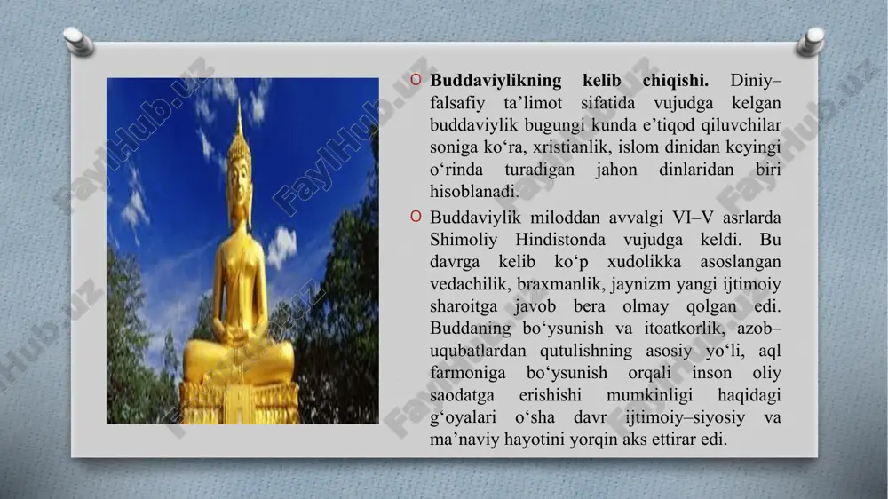 ‘plab voqealarga afsonaviy tus berilgan. xususan, rivoyatlardan birida keltirilishicha, budda 84 marta ruhoniy, 58 marta shoh, 24 marta rohib, 13 marta savdogar, 18 marta maymun, 12 marta tovuq, 8 marta g‘oz, 6 marta fil, shuningdek, baliq, qurbaqa, kalamush, quyon qiyofalarida 550 marta qayta tug‘ilgan. so‘nggi marta xudolar uni insoniyatni to‘g‘ri yo‘lga boshlashi uchun inson qiyofasida yaratganlar. hind podsholari magadxi bimbisare va ajatashatruning buddaviylikni qabul qilishi, keyinchalik imperator ashoka va kanishkaning qo‘llab–quvvatlashi natijasida buddaviylik davlat dini darajasiga ko‘tarildi. buddaviy rohiblar jamoasi – “sangha” shakllandi. ma’lumki, braxmanlik va hinduiylikda kishilar “kasta”larga bo‘linib, odamlar “past” va “oliy” tabaqaga ajratilgan. bundan farqli ravishda budda “inson kim bo‘lishidan qat’i nazar, tug‘ilishda teng huquqlidir, biri ikkinchisidan ortiq emas”, degan g‘oyani ilgari surdi. buddaviylar uchun yangi yilning boshlanishi o‘z axloqiy xatti–harakatlariga baho berish, poklanish va savobli ishlarni bajarish haqida qayg‘urish vaqti bo‘lib hisoblanadi. aprel oyida 2–z kun davomida nishonlanadigan “yangi yil bayrami”da budda, avliyolar, ajdodlar yodga olinib, …