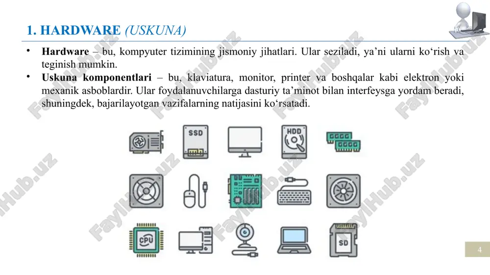 ) - bular ma’lum bir vazifani yoki bir qator vazifalarni bajarish uchun mo‘ljallangan . ular foydalanuvchi tomonidan ishlab chiqilgan ( foydalanuvchining ehtiyojlariga mos ) yoki tayyor amaliy dasturiy ta’minot bo‘lishi mumkin . 9 dasturiy ta’minotning asosiy turlari … utility software ( yordamchi dasturiy ta’minot ) - operatsion tizimlar singari , u tizim dasturidir . bu kompyuter tizimini saqlash va himoya qilishga yordam beradi . 10 dasturiy ta’minotning asosiy turlari … 11 dasturiy ta’minotning asosiy turlari … connectivity software ( ulanish dasturiy ta’minoti ) - kompyuter tizimi va server o‘rtasidagi ulanishni osonlashtiradigan maxsus dastur . bu kompyuterga axborot almashish va bir-biri bilan muloqot qilish imkonini beradi . 12 3. users (foydalanuvchilar) kompyuter tizimi bilan o‘zaro aloqada bo‘lgan har qanday jonli jismlar foydalanuvchilar deb ataladi . 13 tizim bilan o‘zaro aloqada bo‘lgan foydalanuvchilar … 14 4. procedures (protseduralar) bular kompyuterga vazifani bajarish , dasturiy ta’minotni ishga tushirish , hisob-kitoblarni bajarish va hokazolar …