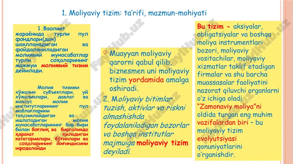 i, yuqoridgi -rasmda keltirilgan “yuqorigi” yo‘nalish izidan bormaydi. chizmaning pastki qismida ko‘rsatilganidek, ular moliyaviy vositachilarning yordami bilan bevosita erkin moliyaviy mablag‘larga ega bo‘lgan iqtisodiy sub’ektlardan resurslar defitsitligini boshidan kechirayotgan iqtisodiy sub’ektlarga o‘tadilar misol bu qarz, o‘z navbatida, shu paytda bankning aktivlaridan biri sifatida qatnashadi. bankning aktiviga kiruvchi qarzning qoplanmasligi riski ma’lum darajada mavjud bo‘lgan bir paytda, sizning depozitingiz to‘liq ishonchli va likvidli bo‘ladi moliyaviy oqimlar bir joydan boshqa joyga oqib o‘tishining ushbu usulini yaqqol tasavvur qilish uchun, quyidagicha faraz qilaylik: siz o‘z omonatingizni bank hisobraqamiga qo‘ydingiz va bank biror-bir firmaga qarz sifatida berish uchun undan foydalandi. mazkur holatda siz qarz olgan firmadan o‘z pulingizni bevosita talab qila olmaysiz. sizda pullik talabnoma faqat bankka nisbatan bor. chunki siz unda depozit ochgansiz. bank esa, o‘z navbatida, mazkur firmaga ma’lum pul talablarini qo‘yadi. bunda sizning bank depozitingizning likvidlik va risk darajasi bank tomonidan firmaga berilgan qarzning o‘xshash xarakteristikalaridan farqlanadi. masalan, uy xo‘jaligiga qarz …