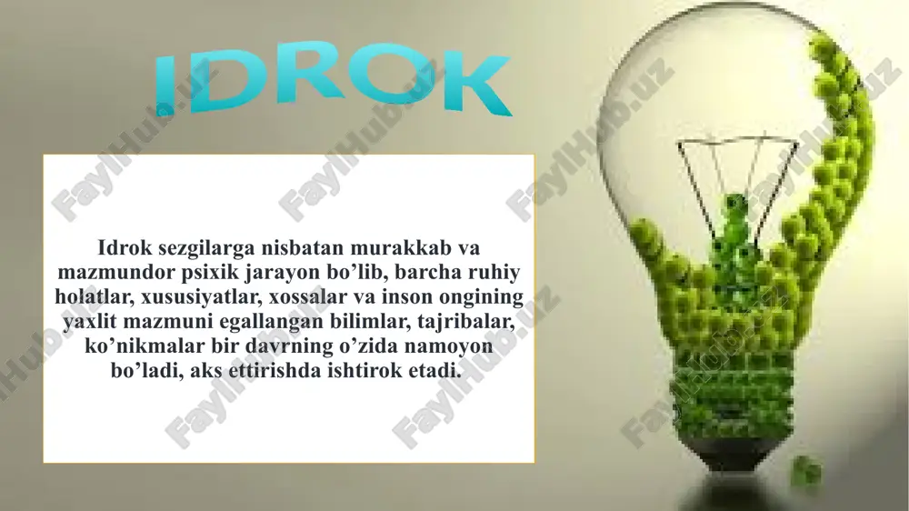 unchaki, odatdagi oddiy bir paxta sifatida aks ettirsa, agronom paxtaning qanday navi, taraqqiyotning qaysi bosqichda ekanligi, taxminan qancha hosil berishi va shu kabilar bilan birga chuqur hamda juda to`la idrok etadi.ushbu termin g.b.leybnits tomonidan kiritilgan. persepsiya bevosita idrok etish. unda tajriba va bilim ahamiyat kasb etmaydi. illyuziya illyuziya - bizga ta'sir qilayotgan narsalarni yanglish idrok qilish. ob’ektiv illyuziya biz idrok qilayotgan narsalarning o`zaro bir-biriga ta’siri tufayli yuz beradi. sub’ektiv illyuziyalar odamning ayni chog`dagi hissiy holati bilan bog`liq bo`ladi. ob'ektiv illyuziya sub'ektiv illyuziya illyuziyalarning bir necha turlari mavjud.. 1. geometrik illyuziyalar >———< 2. optik illyuziyalar yarmi suvga to`ldirilgan stakanga temir qoshiqni solsak, u bizga bukri holatida idrok qilinadi. sirkda ko`rsatiladigan ko`pgina tamoshalarda artistlar optik illyuziyalarga xos qonuniyatlardan ustalik bilan foydalanadilar. 3. ruhiy illyuziyalar “qo`rqqanga qo`sh ko`rinar” degan naqlga asosan, inson ruhiyatidagi o`zgarishlar bilan tug`iladigan illyuziyalar bo`ladi. kechasi yolg`iz kelayotgan qo`rqoq odam ko`ziga daraxt to`nkasi xavfli narsa bo`lib idrok etiladi. 4. fizik …