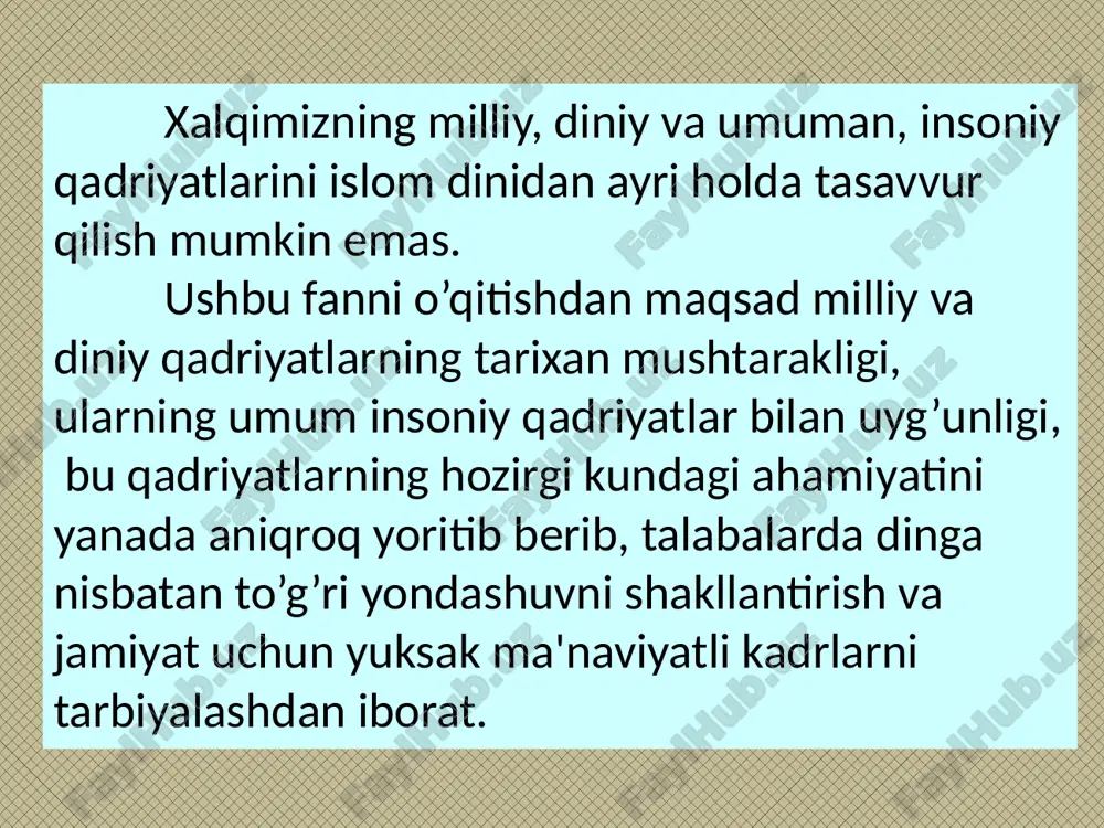 higa imkoniyat yaratadigan sharoitlardir. tabiat va jamiyatni bilish dialektik jarayon. tajribasizlik, subyektivlik, narsa va hodisalarni absolutlashtirish voqelikning noto‘g‘ri idrok etilishiga olib keladi. bundan tashqari, diniy g‘oyalarning paydo bo‘lishi borliqni hissiy idrok etishdan boshlanadi va u ratsional bilish bosqichida ahamiyatini saqlab qoladi. dinning gnoseologik ildiziga aloqador va barcha tarixiy davrlarda takrorlanib turadigan xususiyatlar quyidagilardan iborat: a) bilishning subyektiv jihatlarini absolutlashtirish (lotinchada – voqelik bilan bog‘lanmagan narsa, nisbatsizlik, so‘zsiz degan ma’nolarni anglatadi), ya’ni bo‘rttirib ko‘rsatish; b) abstrakt (lotincha abstratio – diqqatni chetga tortish degan ma’noni anglatadi), ya’ni tafakkur; v) tafakkurning umumlashtirish qobiliyati. 3) dinning ruhiy ildizi. dinning vujudga kelishida kishining bilish faoliyatiga bog‘liq jarayonlar bilan birga uning hissiyoti, kayfiyati va kechinmalari ham ishtirok etadi. diniy tasavvurlar dastlab kishilarning his- tuyg‘ulari orqali vujudga keladi. dinning ruhiy ildizi individual va ijtimoiy ruhiyatlarga bo‘linadi. individual ruhiyatga shaxsiy iztirob, g‘am-tashvish, o‘limdan qo‘rqish, yolg‘izlik, muhabbat, mehr-shafqat, minnatdorlik singari ijobiy va salbiy kechinmalarni misol keltirish mumkin. ijtimoiy ruhiyatga …
