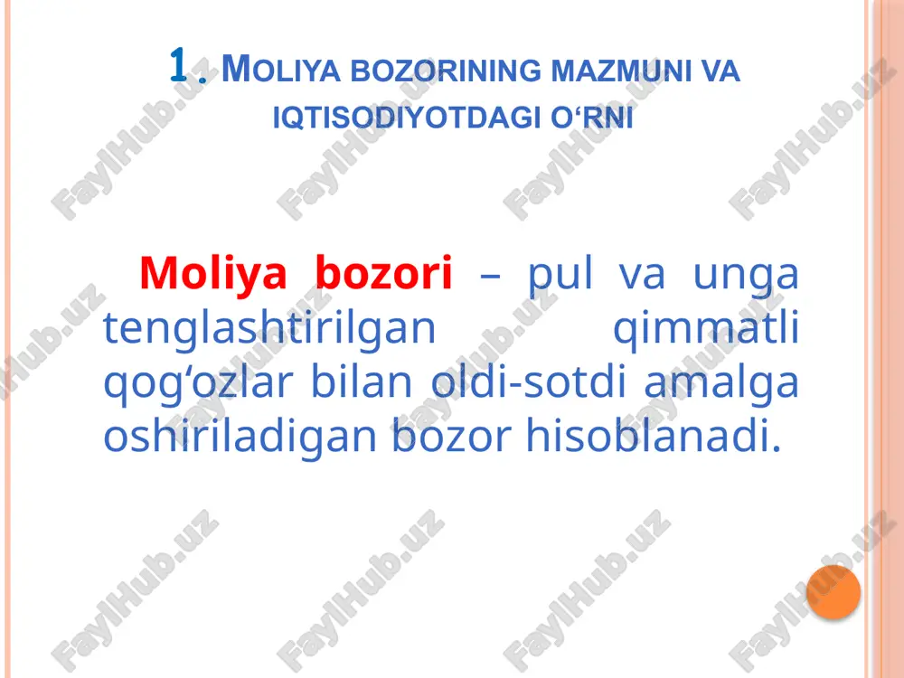 qonuni, 03.06.2015 qimmatli qog'ozlar bozori - qimmatli qog'ozlar bo'yiicha talab va taklif funksiyasi hamda ular vositasida jamg'armalami investitsiyalarga transfomatsiyalanishi uchun zaruriy shart-sharoitlarni ta’minlab beruvchi, faoliyati mahsus iqtisodiy-huquqiy-informatsion mexanizm bilan ta’minlangan va tartibga solinuvchi bozor. aksiya – bu korxona mulkdorlari tomonidan uning aktivlari qismiga qo‘yiladigan talab. obligatsiya - kelgusida qayd qilingan summani to‘lashni va’da qiladigan qayd qilingan daromadga ega qimmatli qog‘oz. hosilaviy qimmatli qog‘ozlar - bahosi boshqa aktivlar, masalan, aksiyalar, obligatsiyalar, xorijiy valyuta yoki qandaydir mahsulotlar bahosiga bog‘liq bo‘lgan qimmatli qog’ozlarga aytiladi. qimmatli qog'ozlarni chiqarishdan maqsad: aktsiya chiqarish va joylashtirish yo'li bilan aktsiyadorlik kompaniyasini tuzish obligatsiya chiqarish va joylashtirish yo'li bilan moliyalashti-rishni kengaytirish qo'shimcha investitsiya jalb qilishda kompa-niyada hukmronlikni saqlab qolish uchun imtiyozli aktsiyalar va obligatsiyalar chiqarish avval joylashtirilgan qarzlarni so'ndirish davlat qimmatli qog'ozlari quyidagi maqsadlarda chiqariladi davlat byudjeti kassasining bajarilishini ta'minlash tijorat banklarini likvid zaxira aktivlar bilan ta'minlash davlat va mahalliy hokimiyat organlari tomonidan amalga oshiriladigan maqsadli investitsion dasturlarni moliyalashtirish …
