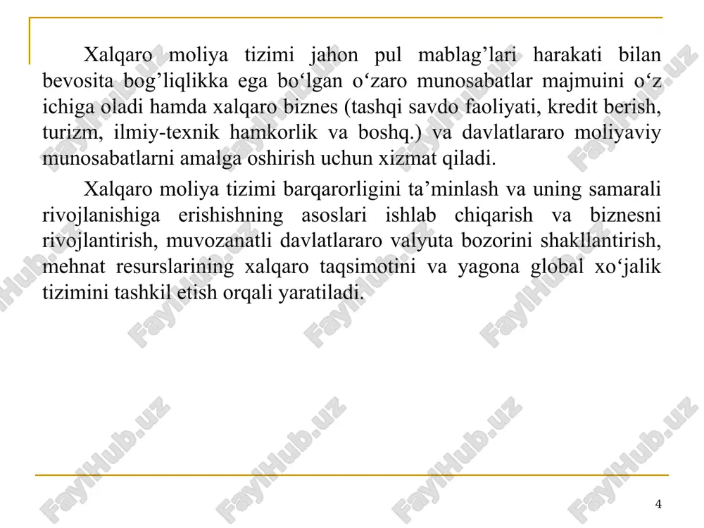 i yetakchi mamlakatlar investorlari aktivlarining xalqaro diversifikatsiyalashuv darajasining sekinlashishi; moliyaviy globallashuvning yuzaga kelishi va kuchayishi; xalqaro bozorning valyuta bozori bilan birlashishi. * xalqaro moliya tizimini isloh qilish yoʻnalishlari xalqaro moliya tizimini isloh qilishning asosiy sabablari qatorida quyidagilarni ajratib koʻrsatish mumkin: xalqaro tashkilotlarning rivojlanayotgan mamlakatlarga moliyaviy yordam berish imkoniyati xususiy kapital oqimining hajmiga nisbatan cheklanganligi; xalqaro tashkilotlarning inqirozlarni oldini olish, ularga qarshi kurashish, takrorlanishiga yoʻl qoʻymaslik va ularning tarqalish sohalarini cheklashga qodir emasligi; moliyaviy va valyuta inqirozlarining takrorlanish va ta’sir etish koʻlamining kengayishi; moliyaviy bozorlardagi, ayniqsa, qarz majburiyatlari bozoridagi operatsiyalar hajmining oʻsishi hamda xalqaro moliya bozorining yuqori darajada rivojlanishi oʻrtasida keskin farqlanish hamda uni tartibga solish uchun tegishli institutsional tuzilmaning yoʻqligi. * xalqaro moliya tizimini isloh qilish jarayoni tuzilmaviy muammolarni bartaraf etish, ayniqsa, moliya tizimining barqarorligini ta’minlash masalasini hal qilish bilan birga amalga oshiriladi. ushbu bosqichda moliya tizimini mustahkamlash jarayonida quyidagi chora-tadbirlar namoyon bo’ladi: iqtisodiy ma’lumotlarning ommaviy ravishda oshkor etilishi uchun …
