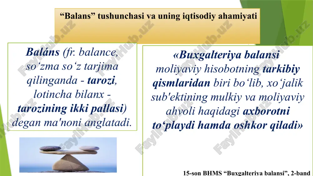 larini tashkil topish manbalri ikkiga bo‘linadi: xususiy kapital va majburiyatlar xususiy kapital - bu ustav sarmoyasi, qo‘shilgan sarmoya, zaxira sarmoya, sotib olingan o‘z aksiyalari, taqsimlanmagan foyda (qoplanmagan zarar), maqsadli tushumlarva kelgusi xarajatlar va to‘lovlar zaxiralardan iborat. majburiyatlar – ikki qismga bo‘linadi: uzoq muddatli va joriy majburiyatlar: uzoq muddatli kreditorlik qarzlar, mol yetkazib beruvchilar, ish haqi, soliq to‘lovlari va qisqa muddatli qarzlardan tashkil topadi. 17 3. xo‘jalik mablag‘lari va uni tashkil topish manbalari mablag‘lar manbalari (passiv) ustav kapitali qisqa muddatli majburiyatlar kelgusi davr xarjatlari to‘lovlari rezervi rezerv kapitali uzoq muddatli majburiyatlar o‘z mablag‘lari manbalari majburiyatlar qo‘shilgan kapital sotib oligan xususiy aksiyalar taqsimlanmagan foyda maqsadli tushumlar 18 buxgalteriya balansi shakli ko‘rsatkichlar nomi satr kodi hisobot davri boshiga hisobot davri oxiriga 1 2 3 4 aktiv i. uzoq muddatli aktivlar i. dolgosrochnie aktivi asosiy vositalar: boshlang‘ich (qayta tiklash) qiymati (0100, 0300) 010 eskirish summasi (0200) 011 qoldiq (balans) qiymati (satr. 010 — 011) …