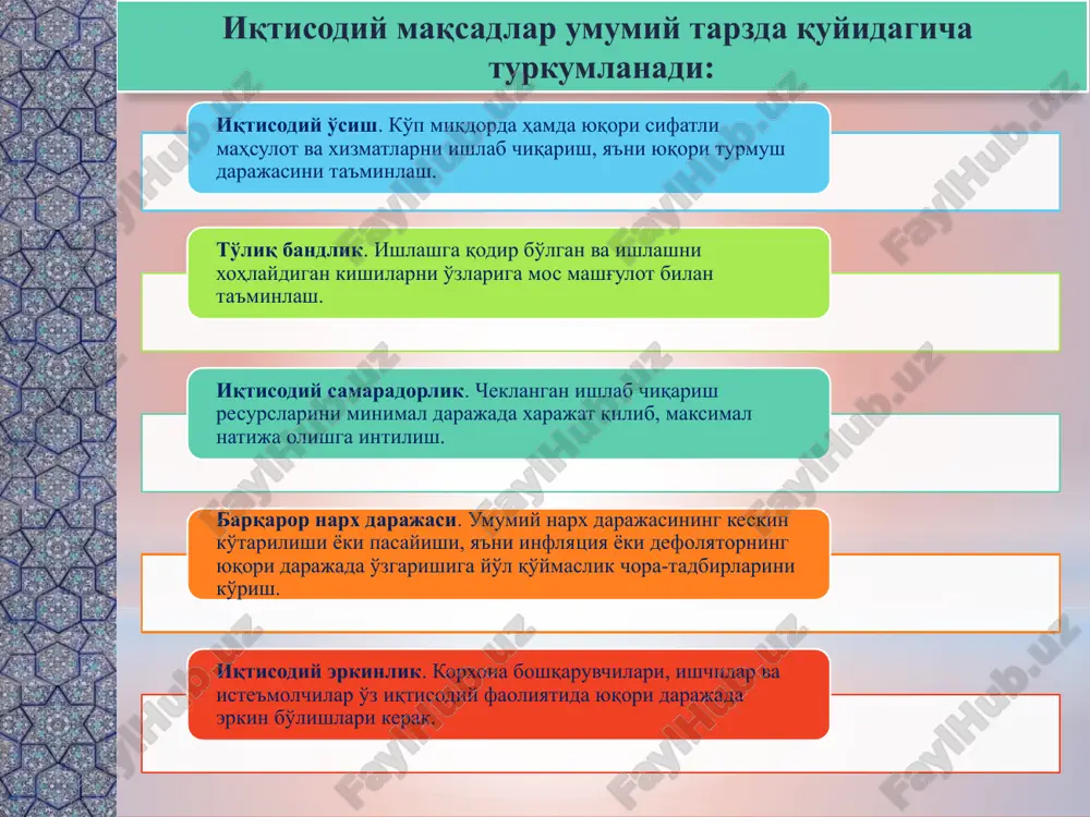t qilib, maksimal natija olishga intilish. barqaror narx darajasi. umumiy narx darajasining keskin ko'tarilishi yoki pasayishi, ya'ni inflyatsiya yoki defolyatorning yuqori darajada o'zgarishiga yo'l qo'ymaslik chora-tadbirlarini ko'rish. iqtisodiy erkinlik. korxona boshqaruvchilari, ishchilar va iste'molchilar o'z iqtisodiy faoliyatida yuqori darajada erkin bo'lishlari kerak. iqtisodiy manfaatlarni ro'yobga chiqarishning ichki va tashqi shart-sharoitlari mavjud bo'lib, ichki sharoitlariga shaxsning rivojlanishi, konstituttsion tuzumning mustahkamlanishi, mamlakat hudularining yaxlitligi va bo'linmasligini ta'minlash hamda xo'jalik va boshqa faoliyatlar, favqulodda vaziyatlar, tabiiy ofatlar, falokatlar ta'sirida vujudga keladigan noxush ekologik holatlardan kishilar salomatligini saqlash kiradi. etot shablon mojno ispolzovat kak nachalniy fayl dlya predstavleniya uchebnix materialov gruppe slushateley. razdeli dlya dobavleniya razdelov shelknite slayd pravoy knopkoy mishi. razdeli pozvolyayut uporyadochit slaydi i organizovat sovmestnuyu rabotu neskolkix avtorov. zametki ispolzuyte razdel zametok dlya razmesheniya zametok dokladchika ili dopolnitelnix svedeniy dlya auditorii. vo vremya vosproizvedeniya prezentatsii eti zametki otobrajayutsya v predstavlenii prezentatsii. obrashayte vnimanie na razmer shrifta (vajno obespechit razlichimost pri oslablennom …