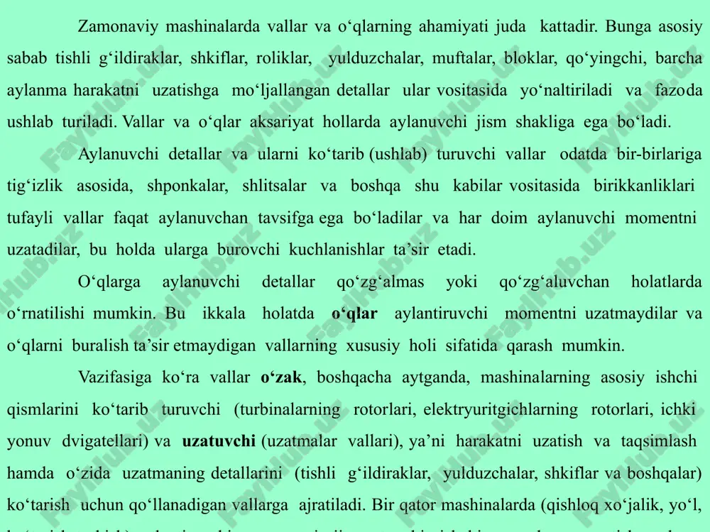 i yuqori qattiqlikka ega bo‘lishi kerak. ular uchun sementitlangan 20x, 12xh3a, 18xgt yoki azotlangan 38x2myua rusumidagi po‘latlar tavsiya etiladi. vallar va o‘qlar uchun material tanlash ularning ishlash sharoitini e’ti­bor­ga olgan holda amalga oshiriladi. vallarning loyihaviy hisobi vallarni loyihaviy hisoblashda odatda burovchi t moment yoki quvvat p, aylanishlar takroriyligi n, balka joylashgan asosiy detallar­ning o‘lchamlari va yuklamasi ma’lum bo‘ladi. mana shularga asosan valning o‘lchamlari va materialini aniqlash lozim bo‘ladi. vallarning mustahkamligi, bikirligi, titrashga bardoshligi hisoblanadi. o‘qlarni hisob­lashga diqqatni jalb qilishga hojat yo‘q, chunki ularni hisob­lash vallarni hisoblashning t=0 bo‘lgandagi hususiy holidir. vallar uchun asosiy yuklama aylantiruvchi m va burovchi t momentlardir, ular ta’sirida eguvchi va burovchi kuchlanishlar hosil bo‘ladi. siquvchi yoki cho‘zuvchi kuchlarning kattaligi kichik bo‘lgani uchun ular hisoblashlarda e’tiborga olinmaydi. valni hisoblash uchun uning tuzilishi taxminiy bo‘lsada aniq bo‘lishi kerak. amalda vallarni loyihaviy hisoblash quyidagi tartibda bajariladi: 1. valning o‘rtacha diametri kichik joiz kuchlanishlarda faqat bura­lishga hisoblash asosida taxminiy baholanadi …