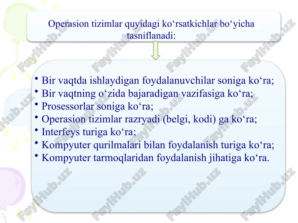 oldindan foydalanuvchi tomonidan belgilab qo‘yilgan operatsion tizimni yuklashni boshlaydi. albatta, bu kutib turish vaqtini kamaytirish yoki biron bir operatsion tizim tanlanmaguncha yuklanishni davom qilmaslikni foydalanuvchi kompyuter o‘rnatmalarida oldindan belgilab qo‘yish mumkin. yorliq - bu diskda joylashgan fayl yoki dasturgacha yo‘llanma. bitta fayl yoki dastur bir nechta yorliqlarga ega bo‘lishi mumkin. maxsus yoki ish stolninng asosiy papkalari - bu windows dasturi ustidan har-xil amallarni bajaruvchi maxsus dasturlarga yo‘llanma. fayl-bu kompyuter xotirasida ma’lum cohani egallab o’z nomiga ega axborotlar majmuyidir. uning asosiy parametrlari: nomi, tipi,xajmi va yaratilgan sanasi. papka-bu faylllar to’plami. turli dastur, hujjat va papkalarga qo‘yilgan yorliqlar faylning turlari quyidagicha bo‘lishi mumkin: .exe, .com – ishlovchi-bajariluvchi fayllar. .bat – buyruq fayllar. .bas – beysik dasturlash tili fayllari. .pas – paskal dasturlash tili fayllari. .txt, .doc – matnli hujjat fayllari. .xls – elektron jadvalli fayllar. .bmp, .jpg, .gif – rasm va tasvirlar joylashgan fayllar turi. .wav, .mid, .mp3, .mp4 – audio, ovoz …