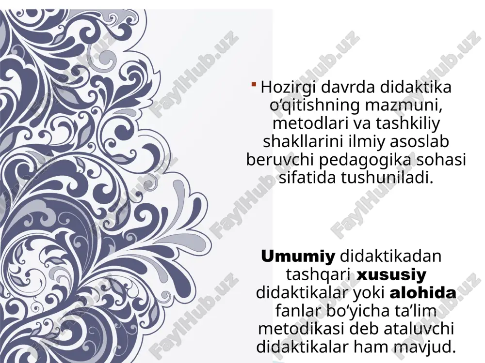 nal motivlari sifatlarining rivojlanishi mumkin. 1960 yilda maxsus ta’limning o’sib boruvchi funksiyasi degan termen paydo bo’ldi. didaktika ta’lim nazariyasi sifatida. didaktika ikkiga bo’linadi. 1. umumiy didaktika 2. xususiy didaktika umumiy didaktika maktabalarda o’rganioladigan barcha predmetlarga xos bo’lgan o’quv jarayoning umumiy qonuniyatlari tekshiriladi va belgilanadi. xususiy didaktikada esa u yoki bu predmetni o’rgatishga xos bo’lgan didaktik qonuniyatlar tekshiriladi va belgilanadi. didaktika pedagogika fanlari sirasiga kirgani uchun ham ta’lim sohasini tadqiq etishda pedagogik ilmiy – tekshirish metodlaridan foydalaniladi. 1. kuzatish . 2. ilg’or pedagogik tajribani o’rganish va umumlashtirish. 3. didaktik eksprement. 4. hujjat va arxiv materialllarini tekshirish. 5. suhbat va anketa. hozirgi kunda ta’lim to’g’risida” gi qonun talim oldiga qo’ygan muhim vazifalarini yechish hozirgi zamon didaktikasi zimmasiga tushdi. o’qitish jarayonini ko’rgazmali tashkil etish zarur. ham eshitish, ham ko’rish va ko’rsatish orqali o’quv materialini idrok qilish , ularni ongli va puxta o’zlashtirish, bilimlarni turmushdagi zaruriyatni anglab yetishlariga asos bo’ladi. e’tiboringiz uchun raxmat image1.jpeg …