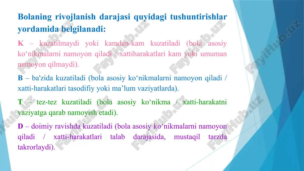 pedagog izohi” ustunida eslatma yozishi lozim. bola rivojlanish xaritasini belgilash tartibi 3-6 yoshdagi bolalarni oraliq va yakuniy kuzatish natijalariga ko‘ra, ushbu bolaning rivojlanish sohalari bo‘yicha rivojlanishida kutilayotgan yangi natijalarni hisobga olgan holda keyingi pedagogik jarayonning maqsadlari aniqlanadi. 6-7 yoshdagi bolalar uchun (mtt bitiruvchisi) faqat oraliq kuzatish maqsadlari aniqlanadi, yakuniy kuzatishdan so‘ng bolaning maktabga tayyorligi xaritasi to‘ldiriladi rivojlanish xaritasini belgilash tartibi bolaning familiyasi, ismi: ____________________________________________________________ uoshi: __________________________________________________ tug‘ilgan sanasi: ______________________________________________ jinsi: ______________________________ (o‘g‘il /qiz) pedagog: _________________________________________________________________________________________________________ kuzda to‘ldirilgan sana: __________________________________________________ qishda to‘ldirilgan sana: ___________________________________________________ bahorda to‘ldirilgan sana: __________________________________________________ 3-4 yoshli bolaning rivojlanish xaritasi 3-4 yoshli bolaning rivojlanish xaritasi hisobot o‘quv yili oxirida tarbiyachi yakuniy pedagogik kengashga bolalar tomonidan o‘quv dasturi o‘zlashtirilishining sifat darajasi to‘g‘risida hisobot yozadi va unda bolalar tomonidan tegishli natijalarga erishilmagan bandlar hamda ular nega bajarilmaganligi sabablariga to‘xtalib o‘tadi. ushbu natijalar asosida sabablarni bartaraf etish borasidagi ishlar rejalashtiriladi va mazkur guruh uchun yoz oylari va kelasi yilga mo‘ljallangan vazifalar …