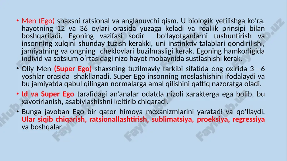 nsonlar yaxshi moslashmay qoladilar, chunki ular emotsional energiyalarining ko‘pini xavfni nazorat qilish va o‘zi haqidagi yolg'on tasavvurlarini saqlab qolishga harakat qiladi. shunga qaramay himoya mexanizmlarini foydasi mavjud. ular ko‘pincha xavfni yengib olishga yordam beradi. bizda xavfdan samarali qutulish va muammoga diqqatni qaratishga vaqt paydo boladi. agar siz bizning aytganlarimizdan o‘zingizga taalluqliligini olgan bolsangiz, bu siz o‘zingizni faqatgina himoya qilaverasiz degani emas. avval ta’kidlaganimizdek, hamma ham himoya mexanizmlarini qo‘llab turadi. himoya mexanizmlarining ikkita asosiy tavsifnomalari mavjud: 1. reallikni rad etish yoki buzish. 2. ongsiz darajadagi faoliyat. ko'pincha odamlar himoya mexanizmlarini bitta turini emas, balki ularni kompleks tarzda qo‘llashni ma’qul ko‘radilar. bundan tashqari ko‘pchilik insonlarda bitta mexanizmlarni boshqasidan afzal ko‘rish moyilligida, ya’ni xuddi ularning qollanilishi odat tusiga aylangandek tuyuladi. psixologik himoya mexanizmlarining turlari: 1. siqib chiqarish — bu yoqimsiz fikr, istak yoki tuyg‘ularni ongsiz, beixtiyor ravishda chiqarib tashlash jarayoni. z.freyd motivatsion unutish orqali himoya mexanizmini toliq ifodalab bergan. u simptomlarning shakllanishida muhim …
