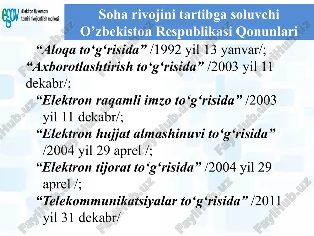 boshqaruv rolini kuchaytiradi. hukumat (klassik tuzilishi) hukumat (elektron tizimga o’tganda) hukumat (elektron portal orqali) 19/19 elektron hukumat rivojlantirish bosqichlari 2002 2007 2013 2015 2017 ko’pgina davlat idoralari hozir shu bosqichda... 2014 bosqich 3 davlat idoralari biznes jarayonlarni muqobillashtirish bosqich 2 elektron so’rovnomalar va xizmatlar 2020 bosqich 4 tranzaksion interaktiv xizmatlarni taqdim etish 2005 bosqich 1 axborotlarni internetga joylashtirish davlatning integrasiyalovchi roli bunda uchta nimtizimli munosabatlarda namoyon bo’ladi: hukumat muassasalarining o’zaro va mahalliy davlat boshqaruv organlari bilan o’zaro hamkorlik qilishi (g2g); hukumat muassasalari bilan mamlakat fuqoralari o’rtasidagi o’zaro aloqa(g2c); 3. hukumat muassasalari bilan bizhes sub’ektlari o’rtasidagi o’zaro aloqa (g2b); elektron hukumat kimlarga qaratilgan? xizmat ko’rsatuvchi hukumat fuqoralar (g2c, hukumat-fuqora) kompaniyalar (korhonalar, banklar, ...) (g2b, hukumat- biznes) muassasa-(hamkorlar), sudlar, ... (g2g, hukumat-hukumat) mijoz internet elektron hukumatning ichki tuzilishi hukumat internet mijozlar intranet elektron arxivlash ish jarayoni virtual pochta web saytlar elektron pochta xizmati hujjatlarni boshqarish qog’ozsiz idora online-formulyar elektron xukumat deganimizda jamiyatda …