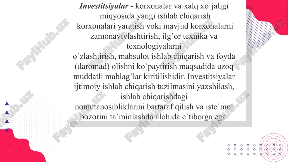 estitsion loyihalarni moliyalashtirish hamda ularni buning uchun zarur bo`lgan mablag’lar bilan ta`minlash imkoniyatiga ega bo`lgan tijorat yoki investitsion banklar ham ishtirok etishi mumkin. investitsiyalardan (kapital qo`yilmalardan) foydalanishning asosiy yo`nalishlari quyidagilar hisoblanadi: -yangi qurilish; -korxonani kengaytirish va qayta tiklash; -ishlab chiqarishni zamonaviylashtirish va texnik jihatdan qayta qurollantirish; -harakatdagi quvvatlarni takomillashtirish. social media analytics 0 % 60 % 40 % 20 % 80 % 100 % 90 % 60 % 70 % 70 % 40 % lorem ipsum dolor sit amet lorem ipsum dolor sit amet, consectetur adipiscing elit, sed do eiusmod tempor consectetur adipiscing elit lorem ipsum dolor sit amet, consectetur adipiscing elit, sed do eiusmod tempor sed do eiusmod tempor lorem ipsum dolor sit amet, consectetur adipiscing elit, sed do eiusmod tempor umuman olganda samaradorlik muayyan natijalarga erishishni anglatadi. u saraflangan xarajatlar va olingan natijalar nisbati asosida aniqlanadi. xarajatlar qanchalik kam va natijalar qanchalik ko`p bo`lsa, samaradorlik ham shunchalik yuqori …