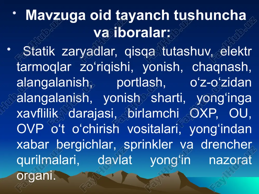 n-13 freon-22 serebristiy chyorniy tri jyoltix freon-22 xlor zashitniy chyorniy zelyoniy xlor tsiklopropan oranjeviy chyorniy — tsiklopropan etilen fioletoviy krasniy — etilen vse ostalnie goryuchie gazi (metan, etan, propan, butan, maf) krasniy beliy — metan etan propan butan maf vse ostalnie negoryuchie gazi (neon, kripton, ksenon) chyorniy jyoltiy — neon kripton ksenon ishlab chiqarish va hayot faoliyati davomida yong‘inni kelib chiqishiga quyidagilar sabab bo‘lishi mumkin: => isitish pechlarini qurish yoki ishlatish qoidalarining buzilishi; => ishlab chiqarishda yoki uyda olovni ehtiyotsizlik bilan ishlatish; => kerosinda ishlaydigan yoritish yoki qizdirish asboblarini noto‘g‘ri o‘rnatish yoki ulardan foydalanish qoidalarini buzish; => yashin yoki statik elektr razryadlar; => mashinalar va ishlab-chiqarish jihozlarining nosozligi hamda ularni ishlatish qoidalariga rioya qilmaslik (ichki yonuv dvigatellaridan chiqadigan uchqunlar, elektr qurilmalaridagi qisqa tutashuvlar yoki ularning erga ulanib qolishi, elektr simlarida zo‘riqishning yo‘l qo‘yilmaydigan darajada ortib isishi, kontaktlari yomon bo‘lgan joylarning qizib ketishi va ulardan uchqun chiqishi, bug‘ qozonlarining portlashi); => …