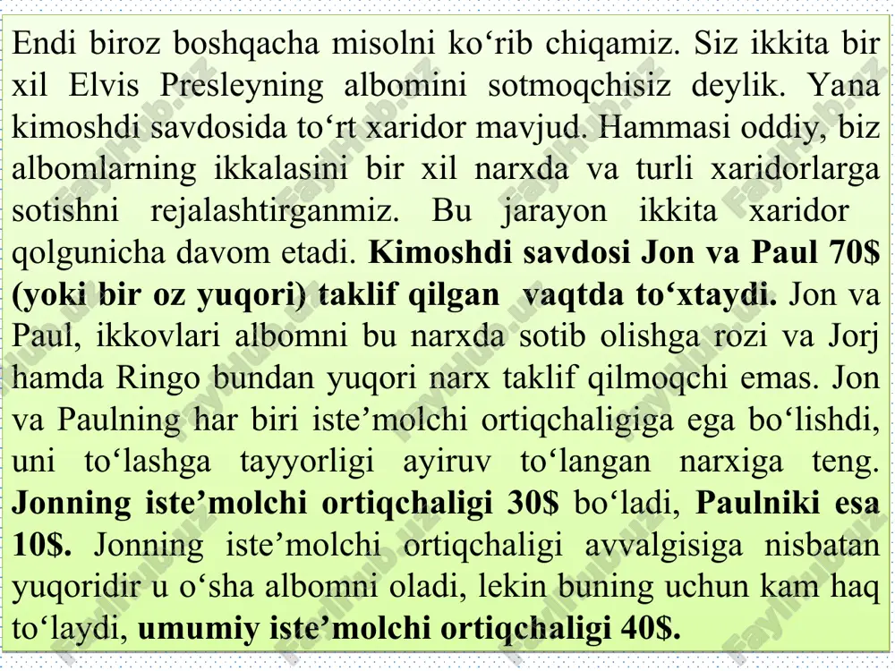 hlab chiqaruvchi ortiqchaligi 300$ georgianing ishlab chiqaruvchi ortiqchaligi 200$ umumiy ishlab chiqaruvchi ortiqchaligi 500$ rasm (a) rasmda p1 narx, q1 taklif hajmi va abc uchburchak maydoni ishlab chiqaruvchi ortiqchaligiga teng. narx p1 dan p2 ga koʻtarilganda taklif hajmi q1 dan q2 ga koʻtariladi va ishlab chiqaruvchi ortiqchaligi adf uchburchak maydoniga koʻpayadi. ishlab chiqaruvchi ortiqchaligidagi oʻsish (bcfd maydon) qisman yuz beradi. chunki mavjud ishlab chiqaruvchilar koʻproq oladi (bced maydon) va yuqori narxlarda qisman yangi ishlab chiqaruvchilar bozorga kirib keladi (cef maydon). narx ishlab chiqaruvchi ortiqchaligiga qanday ta’sir qiladi miqdor miqdor dastlabki ishlab chiqaruvchi ortiqchaligi yangi ishlab chiqaruvchilar uchun ishlab chiqaruvchi ortiqchaligi dastlabki ishlab chiqaruvchilar uchun qoʻshimcha ishlab chiqaruvchi ortiqchaligi 4.3.bozor samaradorligi iste’molchilar va ishlab chiqaruvchilarning koʻpligi bozordagi xaridor va sotivchining koʻpayishini oʻrganishga asosiy manba boʻladi. bu manbalar bizga asosiy iqtisodiy savolga murojaat etishga yordam beradi: resurslarni joylashtirish erkin bozorni xohishiga asosan taʼminlanadimi? iqtisodiy rivojlanishning bu koʻrsatkichini yaxshi tushunish uchun isteʼmolchi va …
