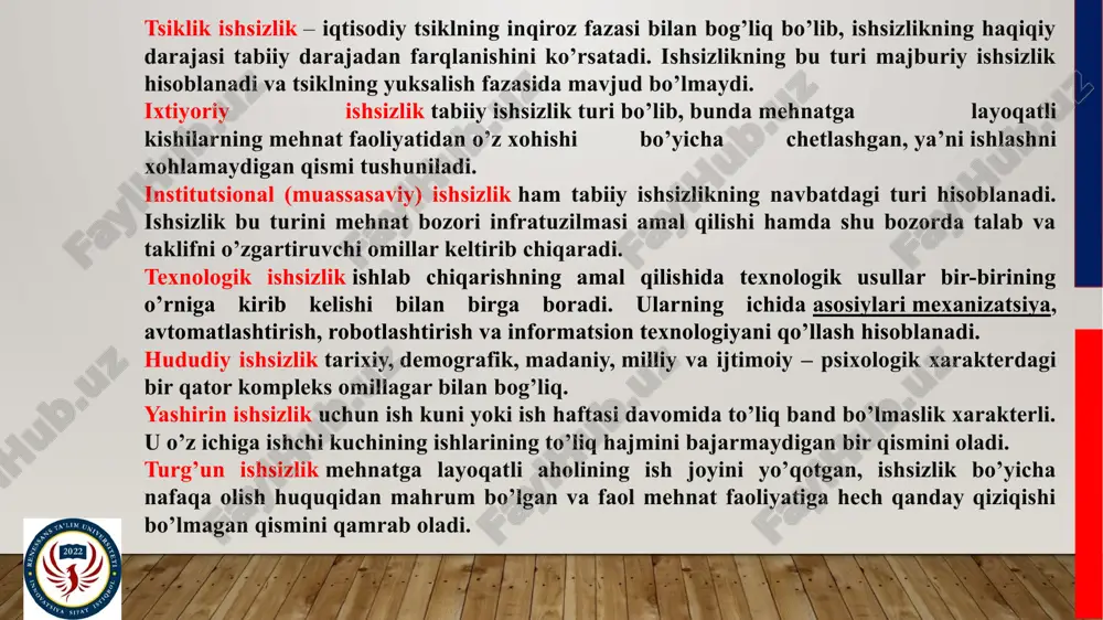 agi to’lov qobiliyatli talab (tovarlar va xizmatlarga talabning yo’qligi mehnatga bo’lgan t-alabni pasaytiradi, chunki mehnatga talab hosilaviy xususiyatga ega, buning oqibatida esa, ishsizlik yuzaga keladi). friktsion ishsizlikning yuzaga kelishining qator sabablarini ajratish mumkin: aholini geografik ko’chishi: inson bir yerdan boshqa yangi joyga ko’chadi va ko’chish vaqtida va ko’chishdan oldin hamda ko’chgandan keyinishsiz bo’lishi mumkin; kasbiy manfaatlarni o’zgartirish, qayta o’qish, qayta malakaga ega bo’lish; inson shaxsiy hayotida yangi bosqichlarni kelishi: o’qish, farzand tug’ilishi va shu kabilar. tuzilmaviy ishsizlikning yuzaga kelish sabablari bir kasbdagi xodimlarga talabni qisqartiruvchi va boshqa kasbdagi xodimlarga talabni orttiruvchi texnik taraqqiyot natijasida yuzaga keladi. boshqacha aytganda, tuzilmaviy ishsizlik turli kasbdagi mehnat bozorlarida ishchi kuchiga talab hamda taklif tarkibining farq qilishi tufayli ishga joylashish imkoniyati yo’qolishi tufayli tug’iladi. korxonalardagi yashirin ishsizlik sabablarini ikki guruhga ajratish mumkin: yashirin ishsizlikni saqlashning birinchi guruh sabablari quyidagilarni qamrab oladi: firma rahbarlari hatto ishlab chiqarishda pasayish bo’lgan sharoitda ham kelajak uchun xodimlarning qisman bandligini, …