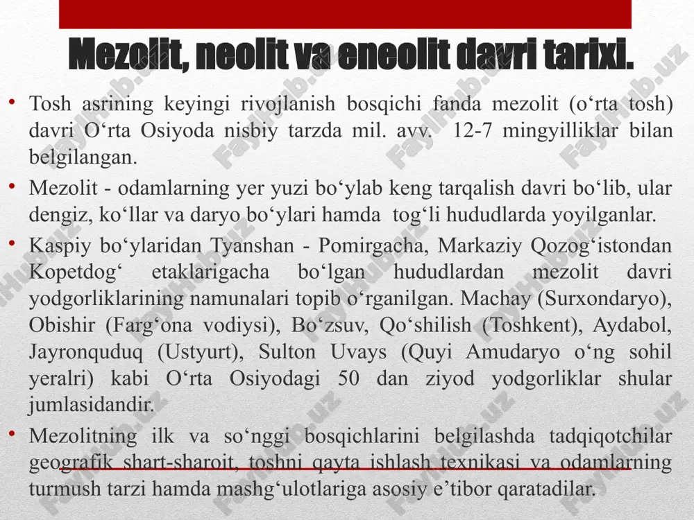 tga ega bo‘lgan. qadimgi sharqda ishlab chiqaruvchi xo‘jaliklar va hunarmandchilikning rivojlanishi asosida katta, sersuv daryolar vodiylarida shahar-davlatlar paydo bo‘ldi. bu yerda qulay tabiiy sharoitdan tashqari, ijtimoiy-iqtisodiy rivojlanish ham ishlab chiqaruvchi kuchlar taraqqiyotining umumiy rivojini tezlashtirishga imkon bergan. qabilalarning ijtimoiy, iqtisodiy va madaniy taraqqiyoti bir xil darajada bo‘lmagan. neolit davri qabilalari orasida vujudga kelgan iqtisodiy va madaniy notekislik eneolit zamonida ancha kuchaydi. mazkur davrda yevropa va osiyo aholisi xilma-xil xo‘jalik turlari bilan ajralib turgan. shu asosda ishlab chiqaruvchi kuchlar va ishlab chiqarish munosabatlari taraqqiy etgan. o‘rta osiyo janubiy hududlarida quyidagi yangi tarixiy-madaniy jarayonlar eneolit davri bilan bog‘liqdir: xo‘jalikning boshqa shakllariga nisbatan dehqonchilikning ustunlik qilishi, sun’iy sug‘orishning vujudga kelishi; toshdan ishlangan qurollar mavjud bo‘lgan holda mis qurollarning paydo bo‘lishi; katta-katta jamoalarning uy-joylari, me’morchilikda rejaga amal qilinishi; kulolchilikning muhim yutug‘i - xumdonlarning paydo bo‘lishi; o‘troq xo‘jaligining rivojlanishi, yirik manzilgohlarning vujudga kelishi, jamoa birlashmalarining katta uylari va qurilishda xom g‘ishtdan foydalanilishi; turli hayvonlarning loydan …