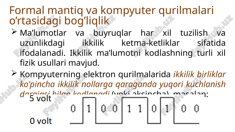 lmaydi va befoyda ko’rinishi mumkin. shu bilan birga, analog darajada bufer ishlab chiqilayotgan qurilmaning normal ishlashi uchun zarur bo’lgan xususiyatlarni taqdim etishi mumkin. bufer, masalan, elektrodvigatekga katta tokni o’tkazish yoki signalni bir vaqtning o’zida bir nechta mantiqiy elementlarga tez uzatish uchun kerak. bu, agar biz ushbu tizimni to’liq tushunishni istasak, har qanday tizimni bir necha darajadagi abstraktsiyadan ko’rib chiqish zarurligini isbotloshga yana bir misol. buferni faqat abstraktsiyaning raqamli darajasi pozitsiyasidan ko’rib chiqish, uning haqiqiy funksiyasini aniqlashga imkon bermaydi. va mantiqiy ventili ikkita kirish signallga ega bo'lgan mantiqiy ventillar emas ventili va buferga qaraganda ancha qiziqroq. rasmda ko’rsatilgan va (and gate) ventili, faqat a va b kirishlari chin bo’lsagina, y qiymati chin qiymatni chiqaradi. qolgan barcha hollarda, chiqish signali y yolg’on qiymatga ega bo’ladi. va mantiqiy elementi uchun bul mantig’i bir necha usul bilan yozilishi mumkin: y = a • b, y = ab yoki y = a ∩ b. yoki …