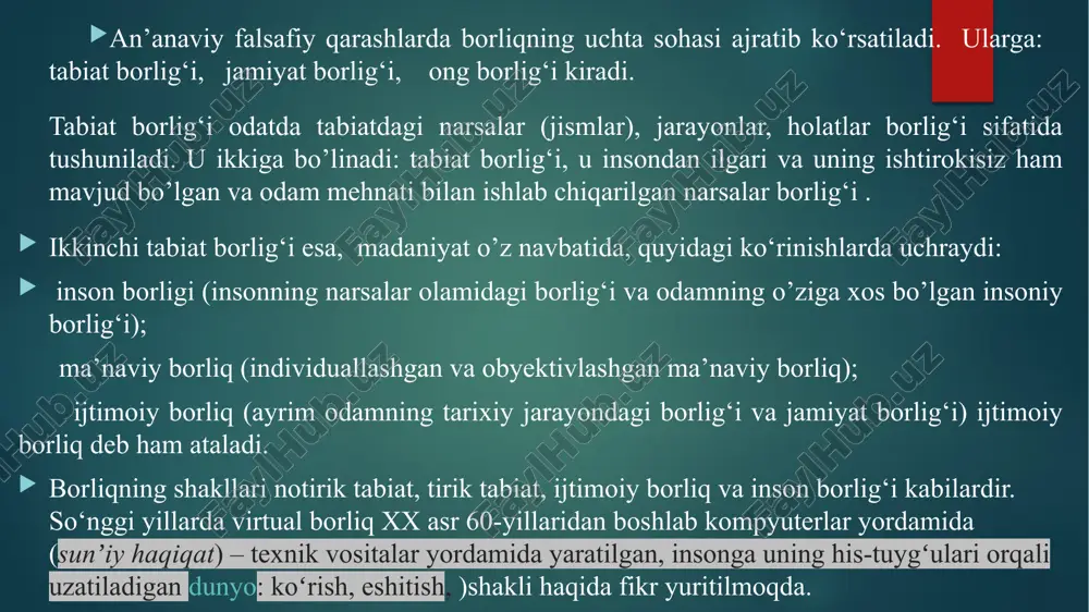tamasini muomalaga kiritgan va u bilan kattaligi va shakl-shamoyili har xil jismlar paydo bo‘lishiga asos bo‘lib xizmat qiladigan sifatlardan mahrum substrat (material)ni ifodalagan. platon talqinida materiya shaklsiz va nomuayyan bo‘lib, har qanday geometrik shakl ko‘rinishini kasb etishi mumkin bo‘lgan makon bilan tenglashtiriladi. hozirgi davrda materiyaning uch tarkibiy darajasi farqlanadi: - mikrodunyo – atomlar va elementar zarralar dunyosi. ( bunda ...dan tashkil topadi» tamoyili amal qilmaydi) - megadunyo – koinotdunyosi (sayyoralar, yulduzlar komplekslari, galaktikalar, mega galaktikalar); - makrodunyo – barqaror shakllar va insonga mos kattaliklar dunyosi (unga molekulalarning krisstallashgan komplekslari, organizmlar, organizmlarning hamjamiyatlari ham kiradi); harakat shakllari borliqning atributlari ichida uning asosiy mavjudlik usulini ifoda etuvchi xususiyati harakat hisoblanadi.chunki borliq harakatsiz o‘zining strukturaviy yaxlitligini saqlay olmaydi. buni moddiy borliq misolida qarab chiqaylik. faraz qiling, qarshimizda biror jism turibdi. agar harakat bo‘lmaganida edi, yorug‘lik nurlari shu jismga urilib bizga qaytmagan bo‘laredi, ya’ni biz uni ko‘rmagan bo‘lar edik. shuningdek, bu jismning yaxlitligini saqlab …