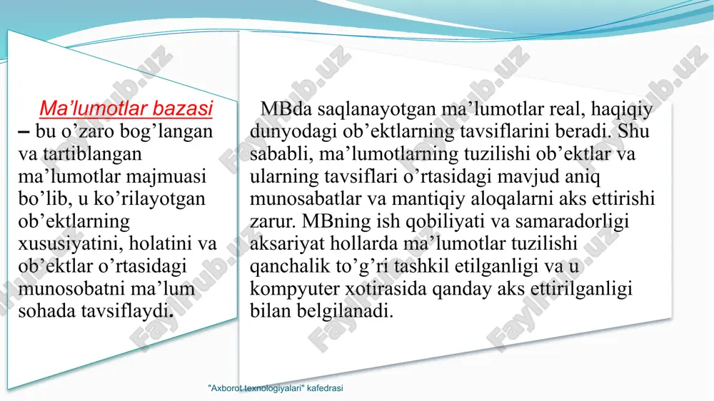 jadvalida yuk. ‘xodim’ jadvalida ‘lavozim’, ‘bo’lim’ ‘bo’lim’ jadvalida ‘yuk’ ‘pasport’ jadvalida ‘id’ "axborot texnologiyalari" kafedrasi bog’lanishlar: ‘lavozim’ jadvalining birlamchi kaliti ‘id’ va ‘xodim’ jadvalining ikkilamchi kaliti ‘lavozim’ ‘birga-ko’p’ bog’langan. ‘bo’lim’ jadvalining birlamchi kaliti ‘id’ va ‘xodim’ jadvalining ikkilamchi kaliti ‘bo’lim’ ‘birga-ko’p’ bog’langan. ‘xodim’ jadvalining birlamchi kaliti ‘id’ va ‘pasport’ jadvalining ikkilamchi kaliti ‘id’ ‘birga-bir’ bog’langan. "axborot texnologiyalari" kafedrasi "axborot texnologiyalari" kafedrasi relyatsion ma’lumotlar bazasi qanday ko’rinishga ega bo’ladi? jadval shaklida tuzilgan ma’lumotlar ko’rinishida ketma-ket tuzilgan ma’lumotlar ko’rinishida. satrlar bo’yicha tuzilgan ma’lumotlar ko’rinishida. sonli ma’lumotlardan iborat ma’lumotlar ko’rinishida. "axborot texnologiyalari" kafedrasi mbbt nima? mbni yaratish va uni saqlab turish va foydalanuvchilarni undan foydalanishini ta’minlaydigan dasturlar majmuasi. relyastion mbni boshqarish relyastion mbni boshqarishni va undagi o’zaro bog’langan ma’lumotlar ustida bajariladigan operastiyalarni amalga oshirishni nazorat qiluvchi tizimi. ma’lumotlar modelini tuzuvchi tizim. "axborot texnologiyalari" kafedrasi relyatsion ma`lumotlar bazasining asosiy tushunchalari aniqlang? jadval, ustun, qator, birlamchi kalit. jadval, atribut, yozuv jadval, ustun, qator. jadval, ustun, …