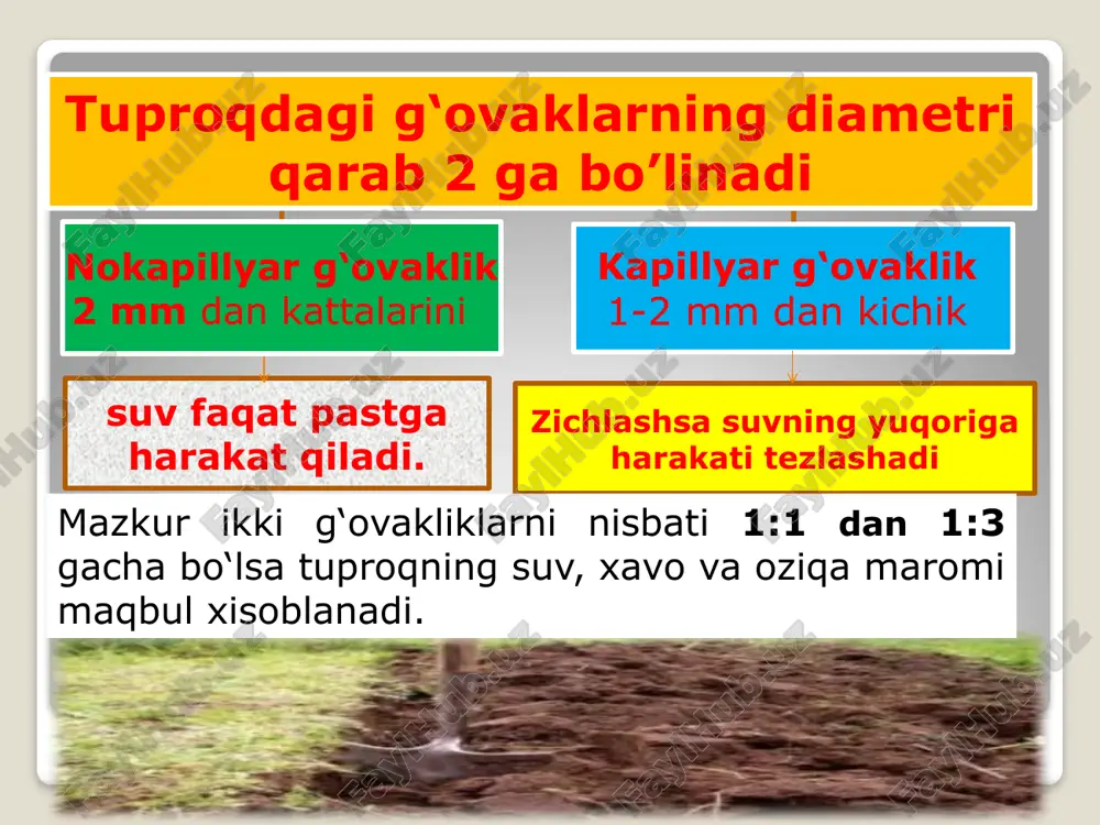 b bo‘lib, yuqori hosil beradi. xajmiy vazni 1,2–1,4g/sm3 bo‘lgan tuproq tuzilishida ildiz maqbul rivojlanadi, undan kam bo‘lsa namlik kam saqlanadi, yuqori bo‘lsa ishlov qiyin, ildizlar rivoji pastroq bo‘ladi. ilmiy ma’lumotlarga ko‘ra xajmiy vazin 1,3 g/sm3 bo‘lganda bir tup g‘o‘za 173,7 g paxta xosili bergan. xajmiy vazin 1,5 g/sm3 bo‘lganda xosildorlik 108,1 bo‘lgan. haydalma qatlamning tuzilishi quyidagi usullar bilan aniqlanadi: 1. patronlardagi tuproq namunasini suv bilan to'yintirish usuli. bu usul asosiy hisoblanadi. 2. eng tez, lekin kamroq aniqlikda bo'lgan piknometr usuli. 3. dala sharoitida umumiy kovak faqat tuproqning hajmiy va solishtirma og'irligiga qarab belgilanadi. umumiy kovaklik quyidagi formulaga muvofiq foiz hisobida aniqlanadi: v1 r = (1 - -----) • 100, % s bunda: r - umumiy kovaklik, % v1 - tuproqning hajmiy og'irligi, g/sm3 s - tuproqning solishtirma og'irligi, g/sm3 ishni bajarish tartibi: ilmiy tekshirish ishlarida haydalma qatlamning tuzilishi tuproq holatini buzmasdan o'rganiladi. holati buzilmagan tuproq namunasini kachinskiy, nekrasov yoki lebedev …