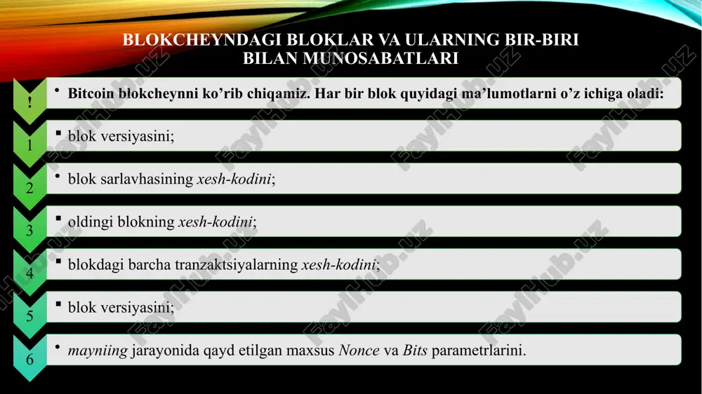 bajarilgan ishlarni ommaviy ravishda isbotlashlari kerak. ushbu qoida buzg’unchi soxta ishtirokchilarni yaratgan taqdirda tizimga hujumning oldini oladi. pos algoritmi (proof – of – stake, egasining isbotlanishi, egalik ulushini tasdiqlash) - bu kriptovalyutalarda himoya qilish usuli bo’lib, unda ishtirokchining blokcheynda keyingi blokni tashkil qilish ehtimoli ushbu ishtirokchiga tegishli bo’lgan ushbu kriptovalyutani hisob-kitob birliklari ularning umumiy sonidan iborat bo’lgan ulushga mutanosib. dpos algoritmi (delegated proof - of steal, ulush isbotini ishonchli vakili) tranzaktsiyalar tezligini oshirish va blokcheyn markazlashtirilmagan rag’batlantiruvchi tuzilishga xavf solmasdan bloklar yaratish maqsadida qurilgan. poi algoritmi (proof – of – importance, muhimligini tasdiqlovchi dalil)-tarmoqning qaysi a’zolari blokcheynga blok qo’shish huquqini va blok uchun mukofot sifatida tranzaksiya komissiyalarini olish huquqini aniqlash uchun ishlatiladigan konsensus algoritmi. 4.3. blokcheyn qo’llash sohalari blokcheyn dunyodagi birinchi kriptovalyuta bitcoin bilan birga paydo bo’ldi. qanday biznes – ilovalarni blokcheyn texnologiyasi asosida yaratilishi yoki allaqachon yaratilishini ko’rib chiqamiz. 1. aqlli shartnomalar tarqatilgan buxgalteriya kitoblar belgilangan shartlarni bajargan holda …