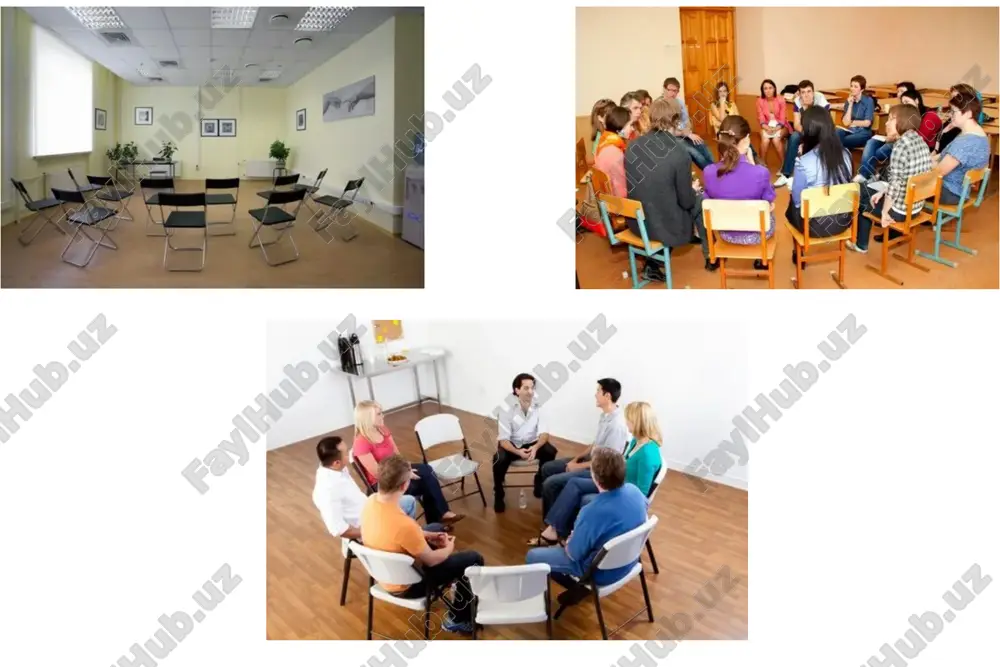 ek, ishtirokchilar egallashi mumkin bo‘lgan natijalar haqida gapiradi. ya’ni ishtirokchilarga trening haqida tushuncha, uning qanday tashkil qilinishi, o‘tkazilishi va ishtirokchilar trening oxirida qanday natijalarga erishishi mumkinligi tushuntiriladi. 13 trening mashg‘ulotlarini tashkil etishda yana quyidagi holatlarni ham hisobga olish lozim. psixologik trening mashg‘ulotlarida (nogironlar bilan o‘tkaziladigan maxsus treninglarni hisobga olmaganda) tashqi jismoniy kamchilikga ega bo‘lgan va psixik holatida buzilishlar bo‘lgan kishilar ishtirok etmasligi lozim. negaki, bunday holatlarda aynan ana shunday kamchilikka ega bo‘lganlarda aks ta’sir bo‘lishi ehtimoli kuchliroqligi har qanday mutaxassis uchun tushunarli bo‘lsa kerak. 14 treningda muammosi bir xil bo‘lgan odamlarni to‘plash kerak. trening ishtirokchilari iloji boricha bir-biriga notanish bo‘lishlari lozim. har bir ishtirokchi o‘zi uchun o‘zi pul to‘lashi shart. bu esa ishtirokchilarning treningda qatnashishidagi tashkiliy jarayonlarda yordam beradi va ularning motivatsiyasini kuchaytiradi. trening guruhlarining rasmiylashgan guruh bo‘lishiga yo‘l qo‘ymaslik lozim. trenerdan auditoriya erkin bo‘lishini ta’minlash va auditoriyani yaxshi bilish talab etiladi. 15 ishtirokchilarning individual-psixologik xususiyatlari va trening mashg‘ulotlarining reja …