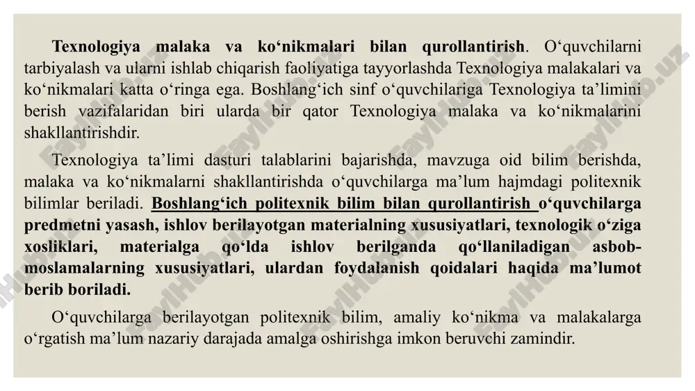 asining muvaffaqiyatli bo‘lishi bir qator shartlarga bog‘liq. o‘quvchi o‘z faoliyatini mustaqil rejalashtirmas ekan, uning malakasi hech qachon to‘liq bo‘lmaydi. nazoratning yo‘qligi ko‘pincha xato va kamchiliklarning amaliy ishlar jarayonida ortib borishiga olib keladi. bu esa o‘z navbatida yetilmagan harakat va usullarning shakllanishiga sabab bo‘ladi. boshlang‘ich sinf o‘qituvchisi texnologiya ta’limi bo‘yicha ishlarni amalga oshirayotganda o‘quvchilar u yoki bu ishni bajarish natijasida qanday ko‘nikma, bilim va malakalarni egallashlarini aniq bilishi kerak. ana shunday holda o‘qituvchi sinf uchun shu vaqtda zarur bo‘lgan materiallarni tanlash imkoniyatiga ega bo‘ladi. bu o‘rinda muhimi o‘quvchilar mazkur materiallarni tayyorlash jarayonida dastur nazarda tutgan bilim va malakalarni egallab olishlaridan iborat. boshlang‘ich sinf texnologiya darslaridagi ta’lim-tarbiyaviy vazifalar umumta’lim maktablaridagi texnologiya ta’limining umumiy vazifalaridan kelib chiqib, quyidagi mashg‘ulot turlari jarayonida amalga oshiriladi: texnologiya fani quyidagi bo‘limlar asosida o‘qitiladi. texnologiya va texnologik vositalar texnik konstruksiyalash va modellashtirish qog‘oz va karton bilan ishlash. tabiiy va turli materiallar bilan ishlash: robotexnika asoslari zamonaviy kasblar milliy …