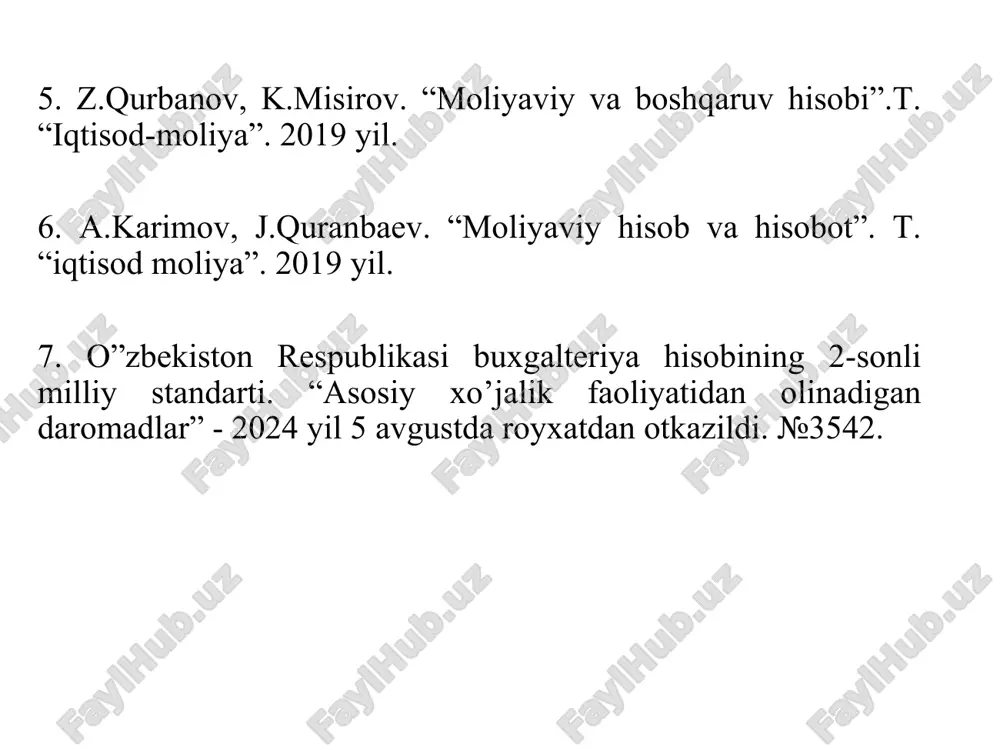tlardan korilgan foyda va minus zarar sifatida aniqlanadi: 16 1 stf=uf+ff-fz, 2 stf — soliq tolangungacha olingan foyda; 3 ff — favqulodda vaziyatlardan olingan foyda; 4 fz — favqulodda vaziyatlardan korilgan zarar; yilning sof foydasi, u soliq tolangandan keyin xojalik yurituvchi sub'ekt ixtiyorida qoladi, ozida foydadan tolanadigan soliqni va minus qonun hujjatlarida nazarda tutilgan boshqa soliqlar va tolovlarni chiqarib tashlagan holda soliqlar tolangunga qadar olingan foydani ifodalaydi: 17 1 sf= stf-ds-bs, 2 sf — sof foyda; 3 ds — foydadan tolanadigan soliq; 4 bs — boshqa soliqlar va tolovlar. 18 2 asosiy (operatsion) faoliyat daromadlari quyidagi schyotlarda aks ettiriladi: 9010 “tayyor mahsulotlarni sotishdan daromadlar” . 9020 “tovarlarni sotishdan daromadlar” 9030 “ishlar bajarish va xizmatlar korsatishdan daromadlar” 9040 “sotilgan tovarlarning qaytishi” 9050 “xaridorlar va buyurtmachilarga berilgan chegirmalar” asosiy (operatsion) faoliyatning daromadlarini hisobga oluvchi schyotlar (9000) boyicha analitik hisob sotilgan mahsulotlar (tovarlar), bajarilgan ishlar va korsatilgan xizmatlarning har bir turi boyicha alohida …