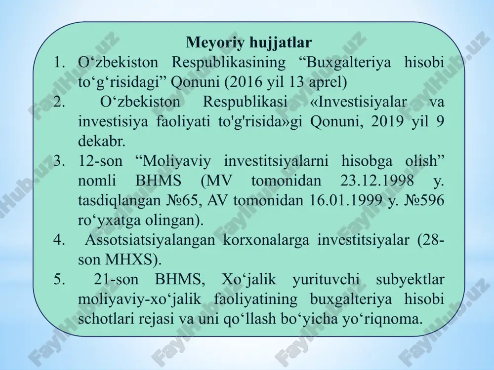 tifikatlari (inglizcha certifikate of deposit) - bu pul mablag‘larini omonatga qo‘yilganligi to‘g‘risida, omonatchiga belgilangan muddat tugagandan so‘ng depozit summasi va unga tegishli foizlarni olish huquqini beruvchi kredit muassasasining guvohnomasidir. •uzoq muddatli moliyaviy investitsiyalarga doir muomalalarni buxgalteriya hisobida aks ettirish uchun quyidagi hisobvaraqlar rejasida mavjud 0610-«qimmatli qog’ozlar»; 0620-«shoba korxonalarga investitsiyalar»; 0630-«qaram birlashmalarga investitsiyalar»; 0640-«qo’shma korxonalarga investitsiyalar»; 0690-«boshqa uzoq muddatli investitsiyalar». qimmatli qog'ozlar naqd pulga nominal qiymati bo'yicha sotib olinganda dt 0610 kt 5010 2. qimmatli qog'ozlar naqdsiz pul ko'chirish yo'li bilan sotib olinganda to'lov toshiriqnomasi va schyot-faktura ma'lumotlari asosida quyidagi buxgaletriya yozuvi qad qilinadi dt 0610 kt 5110 3. qimmatli qog'ozlar ta'sischilardan ta'sis badali sifatida kirim qilinganda dt 0610 kt 4610 4. nominal qiymati 100 000 so'm bo'lgan aktsiyalar 110 000 so'mga sotib olindi. dt 0610 110 000 kt 5110 110 000 dt 9690 10 000 kt 0610 10 000 5. nominal qiymati 100 000 so'm bo'lgan aktsiyalar 95 000 so'mga …