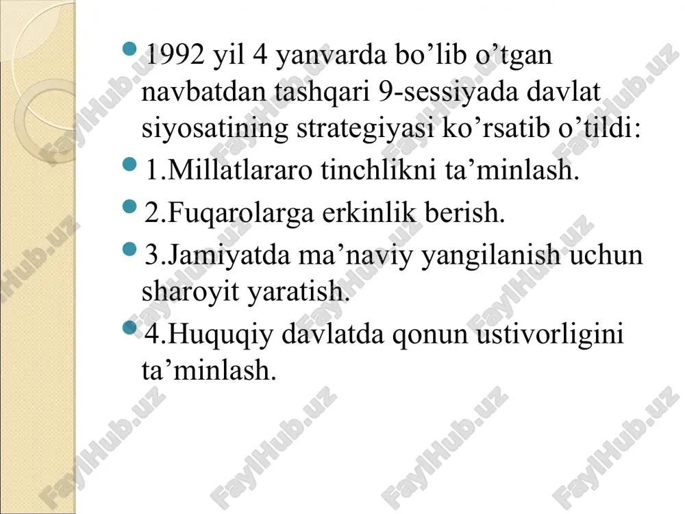 ni tayyorlash bo`yicha komissiya tuzilgan 2) 1992 yil 26 sentabrda konstitusiya loyihasi umumxalq muhokamasi uchun matbuotda e`lon qilindi 3) 1992 yil 26-noyabrda matbuotda ikkinchi marta e`lon qilindi. 6-mingdan ziyod taklif va mulohazalar inobatga olindi. 4) 1992 yil 8-dekabrda o`zbekiston respublikasi konstitusiyasi qabul qilindi. konstitusiya preambula, 6-ta bob, 26-ta bo`lim, 128-ta moddadan iborat o`zbekiston respublikasining konstitusiyasi konstitutsiyaga kora o’zbekiston respublikasi ijroiya hokimiyati prezidentlik hokimiyati va vazirlar mahkamasidan iborat respublika prezidenti qoshida ijro etuvchi hokimiyat devoni tuzildi. vazirlar mahkamasi prezident tomonidan tuzilib, parlament tomonidan tasdiqlanadi. vazirlar mahkamasi 1990-yil noyabrda tashkil topib, mustaqillikka erishgandan song davlat mustaqilligini ta'minlovchi organlardan iborat: mudofaa vazirligi, milliy xavfsizlik xizmati, ichki ishlar vazirligi, davlat bojxona va soliq qomitasi, shuningdek tashqi aloqalarni ta'minlovchi organlar vujudga keldi: tashqi ishlar vazirligi, tashqi iqtisodiy aloqalar vazirligi, tashqi iqtisodiy faoliyat bilan shug'ullanuvchi milliy bank, iqtisodiy rivojlanishni ta'minlovchi organlar: davlat statistika qomitasi, respublika ulgurji va birja savdosi aktsionerlik assotsiatsiyasi, respublika xom ashyo birjasi, moliya …
