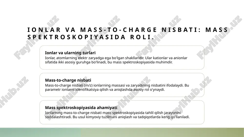 vlar, masalan, nano-texnologiyalar va avtomatlashtirilgan tizimlar, tadqiqotlarni yanada samarali qilishga yordam beradi. xulosa mass spektroskopiyasining ahamiyati mass spektroskopiya ilmiy tadqiqotlar va kimyoviy tahlilning muhim asosi bo'lib, molekulalarning strukturasi va tarkibini aniqlashda qo'llaniladi. ionlar va mass-to-charge nisbatlari ionlarning mass-to-charge nisbati mass spektroskopiyasida muhim rol o'ynaydi, chunki bu ko'rsatkich analiz natijalarining aniqligini ta'minlaydi va identifikatsiyalash jarayonini osonlashtiradi. o'zbekistondagi imkoniyatlar o'zbekistonda mass spektroskopiyasining yangi imkoniyatlari ilmiy tadqiqotlar va innovatsion rivojlanishga yo'naltirilgan bo'lib, global ilm-fan olamida raqobatbardosh bo'lishga yordam beradi. e'tiboringiz uchun rahmat! /docprops/thumbnail.jpeg
