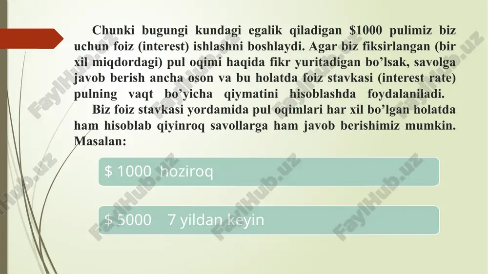 bankka qo’yib ko’paytira oladigan foizini ham qaytarishni vada qildingiz. hisob kitobingiz bo’yicha siz quyidagicha qaytara olishingiz imkoniyati bor: bir yildan so’ng $5000 qaytara olasiz, va keyingi har 3 yil oxirida $8000 dan qaytara olasiz. agar do’stingiz pulini yiliga 6% dan ko’paytira olsa, siz undan qancha miqdorida qarz olish imkoniyatingiz bor. sof joriy qiymat (npv) net present value npv = pv(darmad) - pv(xarajat) masla sizga quyidagi investitsiya imkoniyati taklif etilmoqda: agar bugun 1000 dollar sarmoya qilsangiz, kelgusi uch yil, har yilning oxirida 500 dollardan daromad olasisz. agar pulingizni boshqa faoliyatga yo’naltirganizda sarmoyangiz yiliga 10% dan ko’paysa, siz bu taklifni qabul qilasizmi? har doim ishni vaqt chizig’i chizishdan boshlaymiz davr boshidagi pul oqimini manfiydan yozamiz(chunki bu sarflanadigan pul), keladigan daromadlarni musbat qilib kiritamiz qaror qabul qilishimizdan oldin pul oqimlaring sof joriy qiymati (npv) ni hisoblab chiqamiz npv ijobiy (musbat). demak bu investitsiya foydali. darhaqiqat, bu sizning bugungi kunda qo'shimcha $ 243,43 miqdoriga …