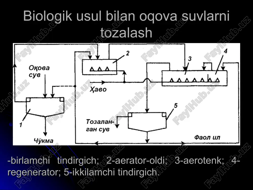 r, mog‘or zamburuqlari, bijg‘ituvchilar va ayrim hollarda – qisqichbaqa, kemiruvchilar lichinkasi, shuningdek, suv o‘simliklari vakilidir. “il” da hayot kechiruvchi barcha tirik organizmlarning majmuasi biosenozlar deyiladi. “faol il” biosenozi mikroroorganizmlarning 12 turidan tashkil topgan. faol ilda bakteriyalarning yig‘indisi shilliq qatlam (kapsulalar) bilan o‘ralgan. bunday yig‘indilar zoogleya deyiladi. ular ilning strukturasini yaxshilanishiga, uning cho‘kishi va zichlashishiga imkon yaratadi. shilliq moddalar tarkibida ipsimon bakteriyalarni yo‘q qiluvchi antibiotiklari bor bo‘ladi. kapsulali va kapsulasiz shtamlarning nisbati zoogleylanish koeffisiyenti deyiladi. shilliq qatlamdan ajralgan bakteriyalar iflosliklarni juda sekin oksidlaydi. faol il – rn=4-9 bo‘lgan manfiy zaryadga ega bo‘lgan amfoter kolloid sistemadir. oqova suvlarning sezilarli farqiga qaramay, faol illarning elementar kimyoviy tarkibi bir-biriga yaqin. faol illarning quruq moddasi 70-90% organik va 30-60% noorganik moddalardan iborat. faol ilda mikroorganizmlarning turli guruxlari joylashishi mumkin. bunday guruxlarning vujudga kelishi oqova suv tarkibidan, ulardagi kislorodning miqdoridan, temperatura, muhit reaksiyasi, tuzlarning miqdoriga, oksidlanish – qaytarilishi potensiali va boshqa faktorlarga bog‘liq. ekologik gurux bo‘yicha …