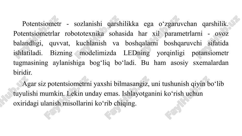 k va ledni yoqib yubormaslik uchun potentsiometrni 220 om qarshilik bilan ketma -ket ulaymiz. ulanish sxemasi rasmda ko‘rsatilgan. arduino tugmachasi led bilan shunday sxemasi shunday ko‘rinishga ega bo‘ladi: mustaqil ishlash uchun topshiriqlar: 1. ma’ruza nazariy materialini o‘rganish. 2. bundan tashqari ishlatilgan internet -resurslarni o‘rganing. 3. arduino zanjirlariga potansiyometrni o‘zingiz ulang. 4. arduino ideda mustaqil ravishda bu ish uchun dastur yozish. havolalar 1. https://zen.yandex.ru/media/asutpp.ru/chto-takoe-potenciometr-i-kak-ego-ispolzovat-na-praktike-v-shemah-5d53f0c3e3062c00ae587dbe 2. https://wiki.iarduino.ru/page/potenciometr/ 3. https://alexgyver.ru/lessons/analog-pins/ 4. https://www.youtube.com/watch?v=fmiwh1l1i7w 5. https://arduino-kit.ru/blogs/blog/project_03 6. http://edurobots.ru/2014/04/arduino-potenciometr/ thank you that you took the time to watch image1.png image2.png image3.jpeg image4.png image5.png image6.jpeg image7.png image8.jpeg image9.jpeg image10.jpeg image11.jpeg image12.png image13.jpeg image14.png image15.png /docprops/thumbnail.jpeg