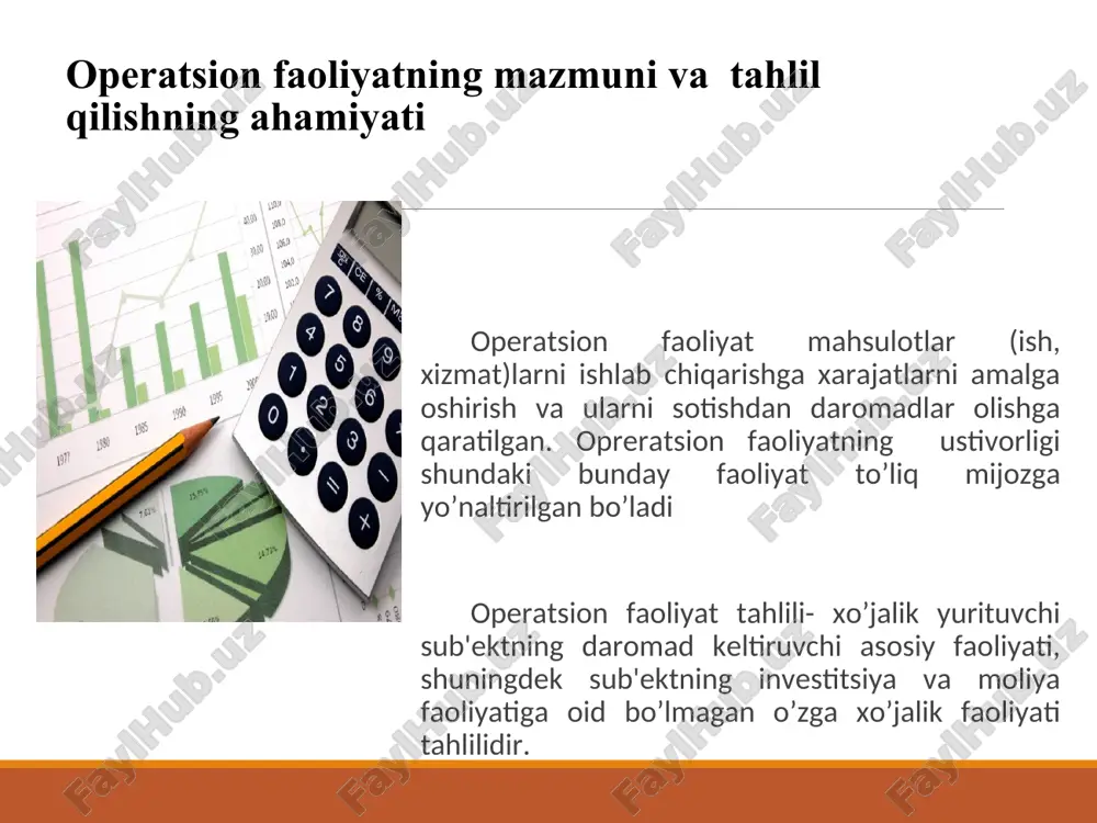 ar va mahsulot tannarxini tahlil qilish “xarajatlar tarkibi to‘g‘risida”gi nizomga muvofiq hamma xarajatlar quyidagicha guruhlanadi mahsulot ishlab chiqarish tannarxiga qo‘shiladigan xarajatlar ishlab chiqarish tannarxiga qo‘shilmaydigan, ammo asosiy faoliyatdan olinadigan foydada hisobga olinadigan davr xarajatlariga qo‘shiladigan xarajatlar korxona umumxo‘jalik faoliyatidan olinadigan foyda yoki zararlarni hisobga olinadigan, korxona moliyaviy faoliyati bo‘yicha xarajatlar soliq to‘lagunga qadar foyda yoki zarar hisob-kitobida hisobga olinadigan tasodifiy zararlar mahsulot tannarxi mahsulot ishlab chiqarish, sotish va korxona moliyaviy faoliyati bo‘yicha barcha xarajatlarining pul orqali ifodalanishi tushuniladi. mahsulot ishlab chiqarish tannarxini tashkil qiladigan xarajatlar iqtisodiy mazmuniga muvofiq bo‘linishi material xarajatlar mehnatga haq to‘lash xarajatlari ijtimoiy sug‘urta ajratmalari asosiy fondlar va nomoddiy aktivlar amortizatsiyasi boshqa xarajatlar bir so‘mlik mahsulot uchun qilingan xarajatlar tahlili t.r. ko‘rsatkichlar yil boshi yil oxiri farqi (+,-) o‘sish sur’ati, % 1. mahsulot ishlab chiqarish tannarxi, ming so‘m 349516 563015 +213499 161,08 2. tovar mahsulotining ulgurji bahosi, ming so‘m 475569 688640 +213071 140,80 3. bir so‘mlik mahsulot …