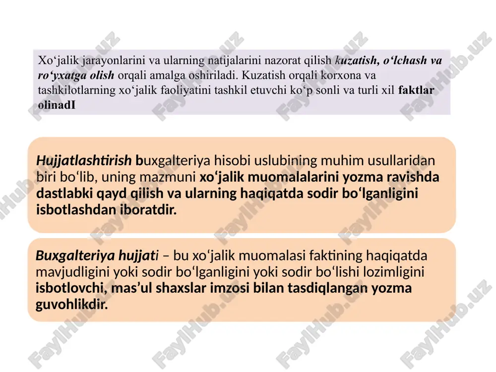 ar xil tarmoq xususiyatlariga ega korxonalarda bir turdagi xo‘jalik muomalalarini rasmiylashtirish uchun mo‘ljallangan hujjatlardir. unifikatsiyalangan hujjatlarga avans hisobotlari, to‘lov topshiriqnomalari, kassa kirim va chiqim orderlari va shunga o‘xshashlar misol bo‘ladi. ular mulkchilik shaklidan qat’i nazar o‘zbekiston respublikasi hududida faoliyat ko‘rsatayotgan barcha korxonalarda qo‘llanilishi majburiydir. hujjatlarni unifikatsiyalashtirish deganda bir xil mazmundagi operatsiyalarni barcha korxonalarda yagona shakl va mazmundagi hujjatlar bilan rasmiylashtirilishi tushuniladi. masalan, 1998 yil 1 yanvardan boshlab o‘zbekiston respublikasida tovar- moddiy zahiralarni sotish va sotib olish operatsiyalarini faqatgina tasdiqlangan yagona shakldagi schet –faktura bilan rasmiylashtirish tartibi qo‘llaniladi. hujjatlarning rekvizitlari, shakllari, ularni unifikatsiyalash va standartlash rekvizit (lot. requisitium – talab qilinadigan, zarur) buxgalteriya hisobida hujjatga asosan tegishli yozuvlarni yozish uchun hujjatlarda sodir bo‘lgan xo‘jalik muomalasi to‘g‘risida to‘liq ma’lumot aks ettirilishi lozim. hujjatlarda aks ettiriladigai ma’lumotlarga rekvizitlar deyiladi. hujjatlarning rekvizitlari hisob obyektlariga nisbatan belgi rekvizitlari va mazmun rekvizitlariga bo‘linadi. belgi rekvizitlari hisob obyektlarini (asosiy vositalar, nomoddiy aktivlar b.) aks ettiradi. mazmun rekvizitlari …