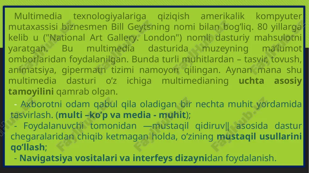 (prokrutka) yordamida siljitiladi. izohlar bo’lagida esa, ma'ruzachi uchun kerak bo’ladigan yoki eshituvchilar uchun axborotlar yozilgan bo’lishi mumkin. slaydlar saralash ish rejimida microsoft power point oynasida barcha slaydlar baravariga miniatura ko’rinishida namoyon bo’ladi. bu rejim slaydlarni qo’shish, ulardan keraksizini olib tashlash yoki joylarini almashtirish imkonini beradi. taqdimot slaydlarini istalgan vaqtda ko’rish mumkin. bu pokaz slaydov rejimida amalga oshiriladi. bu ish repetitsiya yoki auditoriya oldida namoyish etish uchun bajariladi. agar u animatsiyalar orqali va slaydlar ketma-ketligi bilan katta ekranda namoyish etilsa, maqsadga muvofiq ish bo’ladi. slaydlar ketma-ketligi sichqoncha bilan boshqariladi. ms power point 2010 oynasi ko'rinishi oddiy va sodda bo'lib, unda professional darajadagi taqdimotlar yaratishga kerak bo'ladigan barcha vosita(instrument)lar jamlangan. uning tasma(lenta)sida to'qqiz guruhga bo'lingan vkladkalar mavjud bo'lib, ularda: fayl - fayl yaratish, ochish, saqlash, chop etish, ma’lumot olish glavnaya - slaydlar, almashishlar buferi, shriftlar, abzatslar, chizmalar, qidirish va almashtirish vstavka - slaydga jadval, tasvir, illyustratsiya, gipermurojaat, matn, belgi va multimediyalar joylash …