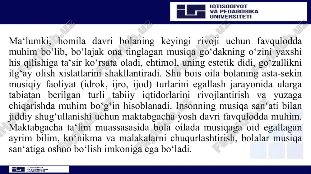 bola musiqa mashg’ulotlarining barcha elementlari jarayonida ham musiqa tinglab, uni idrok etadi. ammo mashg’ulotning musiqa tinglash qismi oldida o’ziga xos jiddiy vazifalar turadi. avvalo shuni eslatish lozimki, kishining kuylash imkoniyatidan ko’ra tinglash imkoniyati ancha keng bo’ladi. masalan: orkestr, xor, yakka cholg’u ijrosidagi asarlarni kuylab emas, balki faqat tinglab, idrok etish mumkin, xolos. shuning uchun olimlar musiqaviy tarbiya jarayonida musiqa tinglashga alohida e‘tibor qaratishadi. chunki kishi musiqa madaniyatining shakllanishi va rivojlanishida musiqa tinglash, malaka, ko’nikmalari katta rol o’ynaydi. musiqa tinglashda bolalarning badiiy idroki yaxshi rivojlanib boradi. mashg‘ulotning musiqa tinglash qismi oldida quyidagi vazifalar turadi: 1) bolalarni o‘z idrokiga mos xalq klassik va zamonaviy musiqa namunalari bilan tanishtirib borish; 2) bolalarning musiqani idrok qilish qobilyatlarini rivojlantirib borish; musiqa haqida boshlang‘ich ma‘lumotlar berishni o’rgatadigan asarlar nomlarini eslashga, ularning mazmuni, xarakteri va ifoda vositalarining farqiga borishga hamda tinglagan asarlariga ma‘lum miqdorda badiiy baho bera olishga o‘rgatish. shunday qilib, dasturda ko’zda tutilgan va bolaning musiqa …