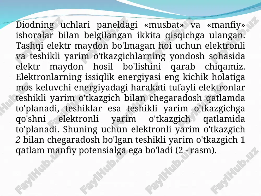jallangan kichik, o‘rta va katta quvvatli diodlarga bo‘linadi. pch diodlari katta p-n o‘tish bilan xarakterlanadilar. yuqori chastotali to‘g‘rilovchi diodlar (yuch diodlar) o‘n va yuz megagers chastotagacha bo‘lgan signallarni nochiziqli elektr o‘zgartirishga mo‘ljallangan. yuch diodlari yuqori chastota signallari detektorlari, aralashtirgichlar, chastota o‘zgartirgich sxemalar va boshqalarda qo‘llaniladi. yuqori chastota diodlari kichik inersiyaga ega, chunki kichik yuzaga ega bo‘lgan nuqtaviy p-n o‘tishga ega va shu sababli ularning to‘siq sig‘imi pikofaradning bir qismini tashkil etadi. shottki to‘sig‘ili diodlar kuchlanish manbai qayta ulagichlarida keng tarqalgan, chunki ular qayta ulanish ishchi chastotasini 100 kgs va undan yuqoriga orttirishga, radioelektron apparatura og‘irligi, o‘lchamlarini kichraytirishga va kuchlanish manbai fik oshirishga imkon yaratadilar. shottki to‘sig‘i metallni yarim o‘tkazgich bilan kontakti natijasida hosil qilinadi. yarim o‘tkazgich material sifatida ko‘p hollarda n–turdagi kremniy, metall sifatida esa al, au, mo va boshqalar qo‘llaniladi. bu vaqtda metall chiqish ishi kremniy chiqish ishidan katta bo‘lishi talab qilinadi. bunday diodlarda diffuziya sig‘imi nolga teng, to‘siq …